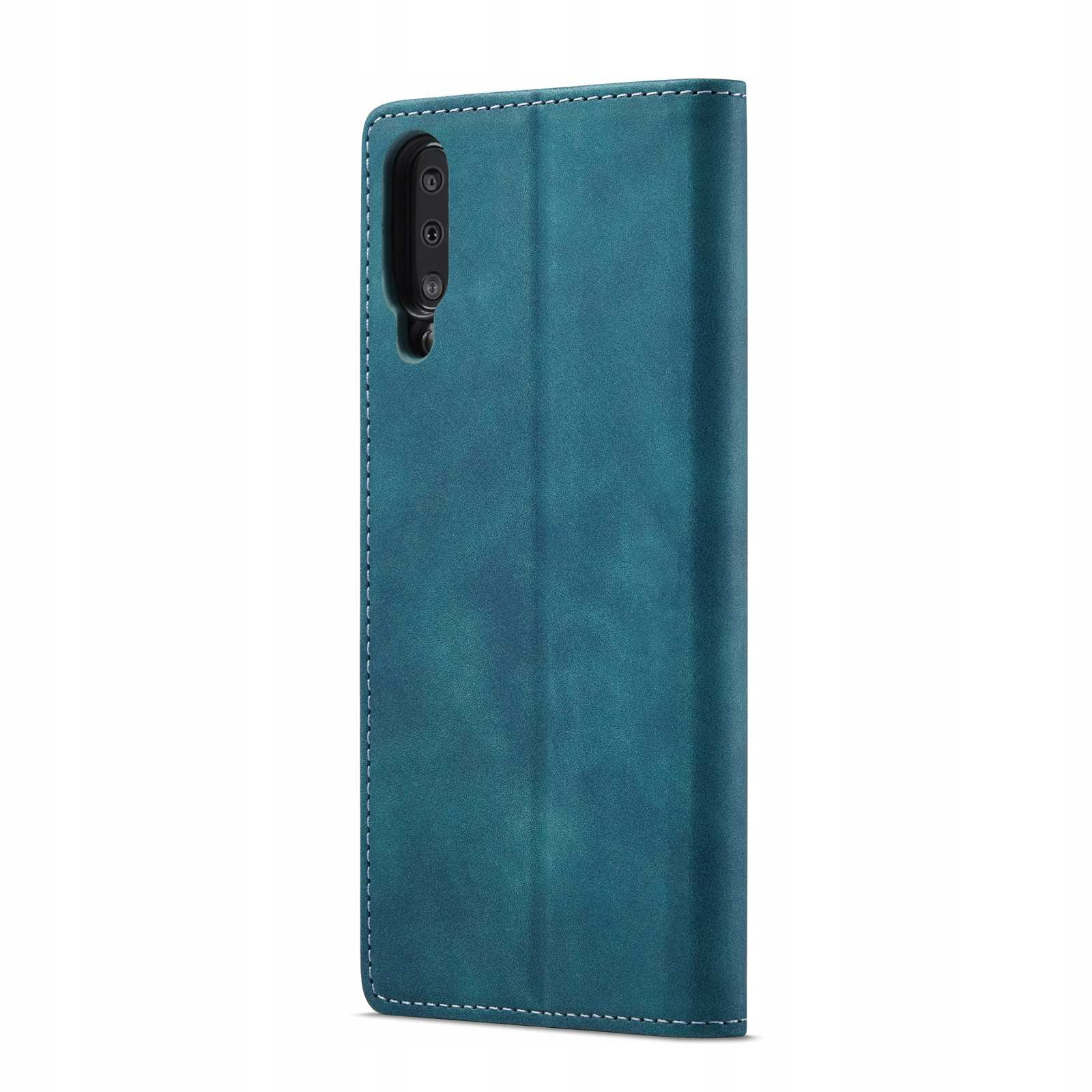 Zamknięty turkusowy skórzany futerał na telefon. Etui ma logo z przodu.