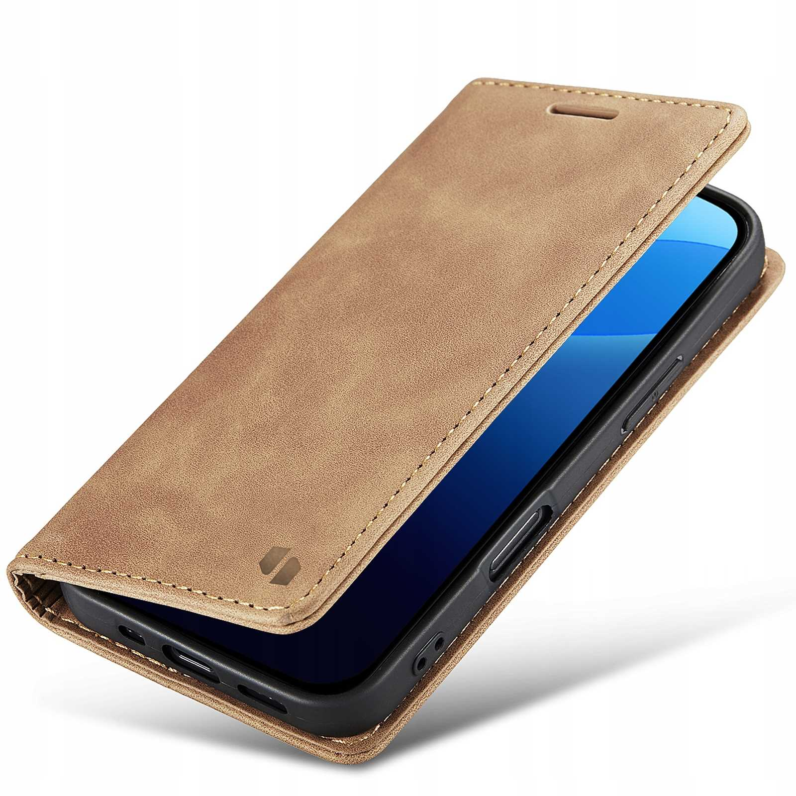 Brązowe etui na telefon, otwarte, z telefonem w środku. Etui jest skóropodobne, telefon jest pochylony.