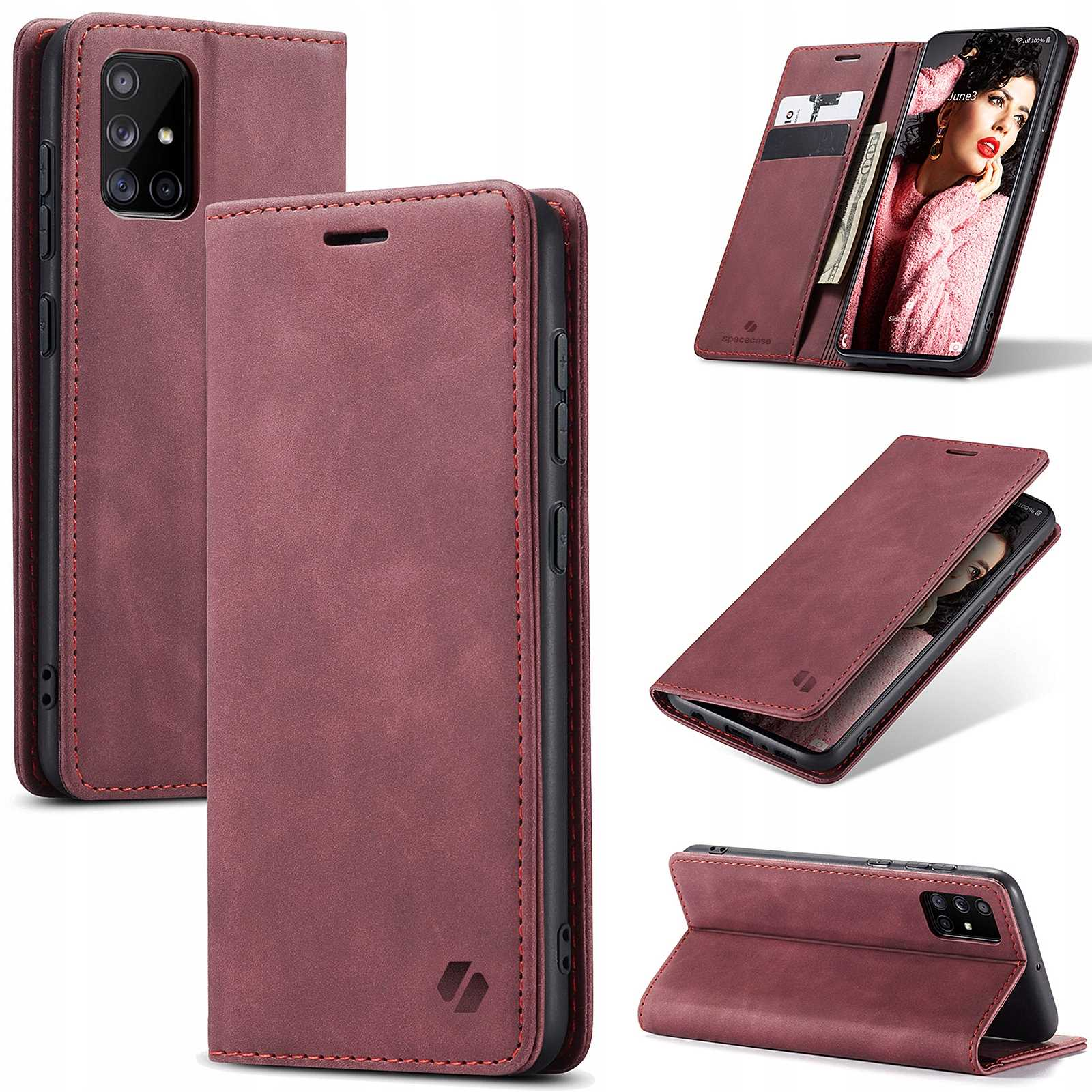 Bordowe etui na telefon, otwarte, z telefonem w środku. Widoczne karty i ekran, wiele ujęć.
