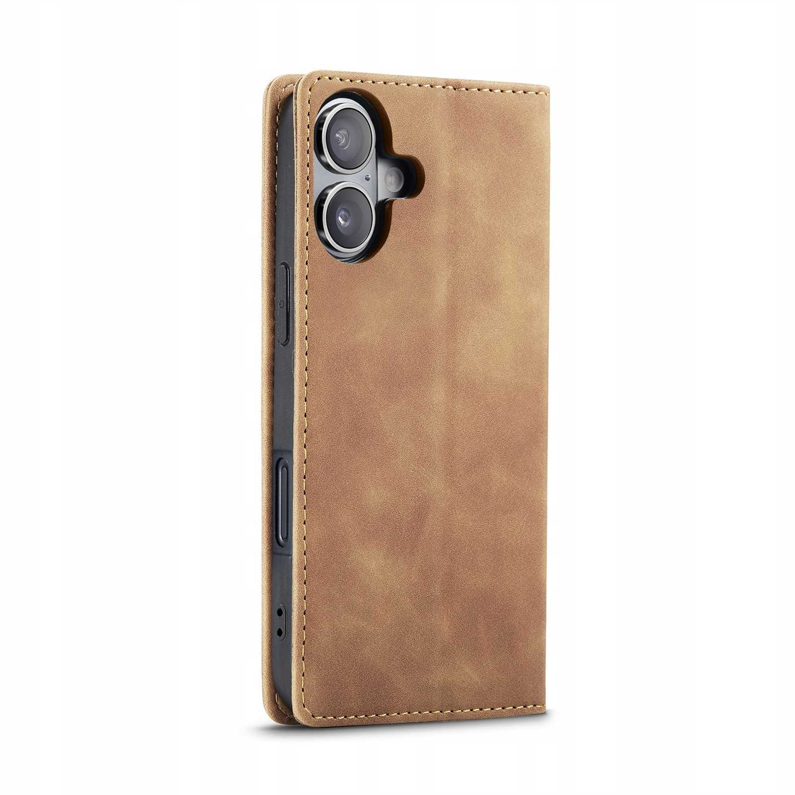 Brązowe skórzane etui na telefon z dwoma aparatami. Etui jest zamknięte i ma logo.