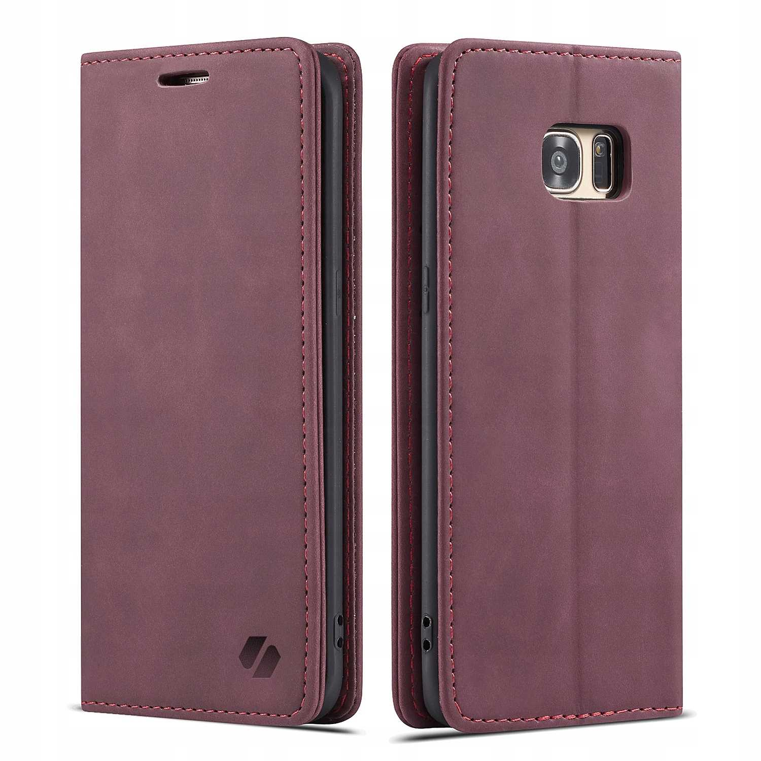 Czerwone etui na telefon zamknięte, widoczne dwie strony. Czerwone szwy. Białe tło. Etui z otworem na aparat.