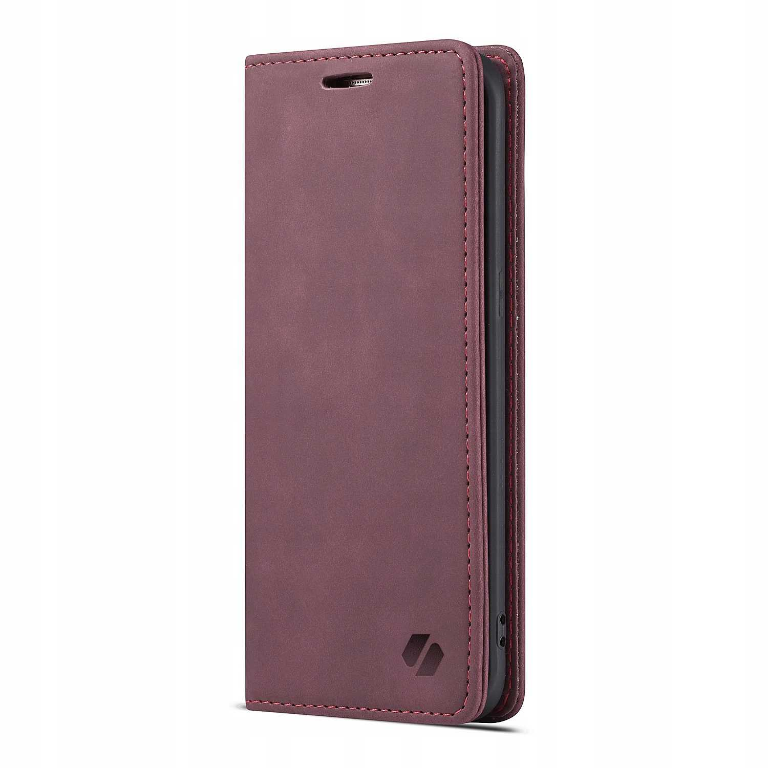 Zamknięte bordowe skórzane etui na telefon. Widoczne czerwone przeszycia i logo.