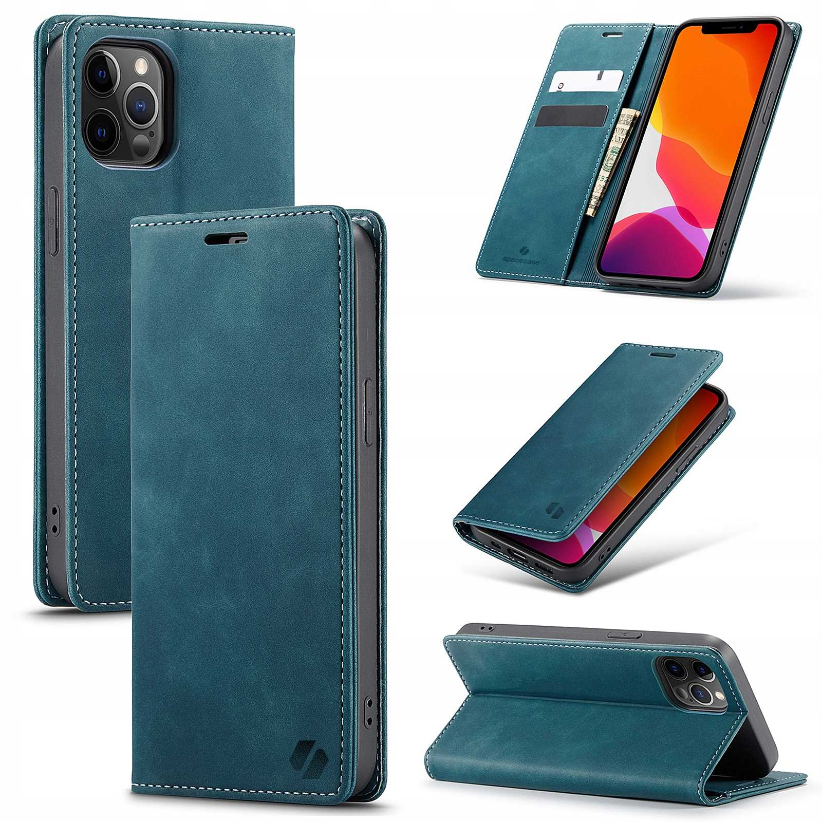Wiele widoków turkusowego etui na telefon. Etui jest pokazane otwarte, zamknięte i z telefonem w środku.