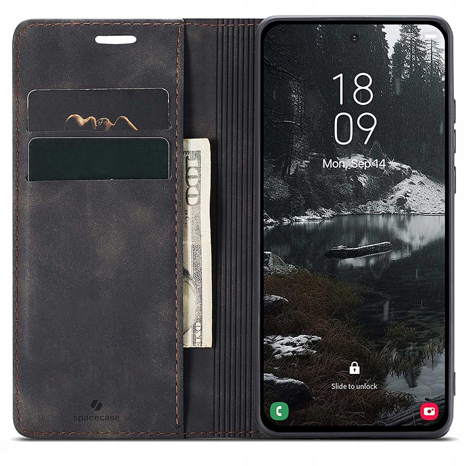 Czarne etui na telefon otwarte, pokazujące telefon z tapetą z krajobrazem. Są karty kredytowe i pieniądze.