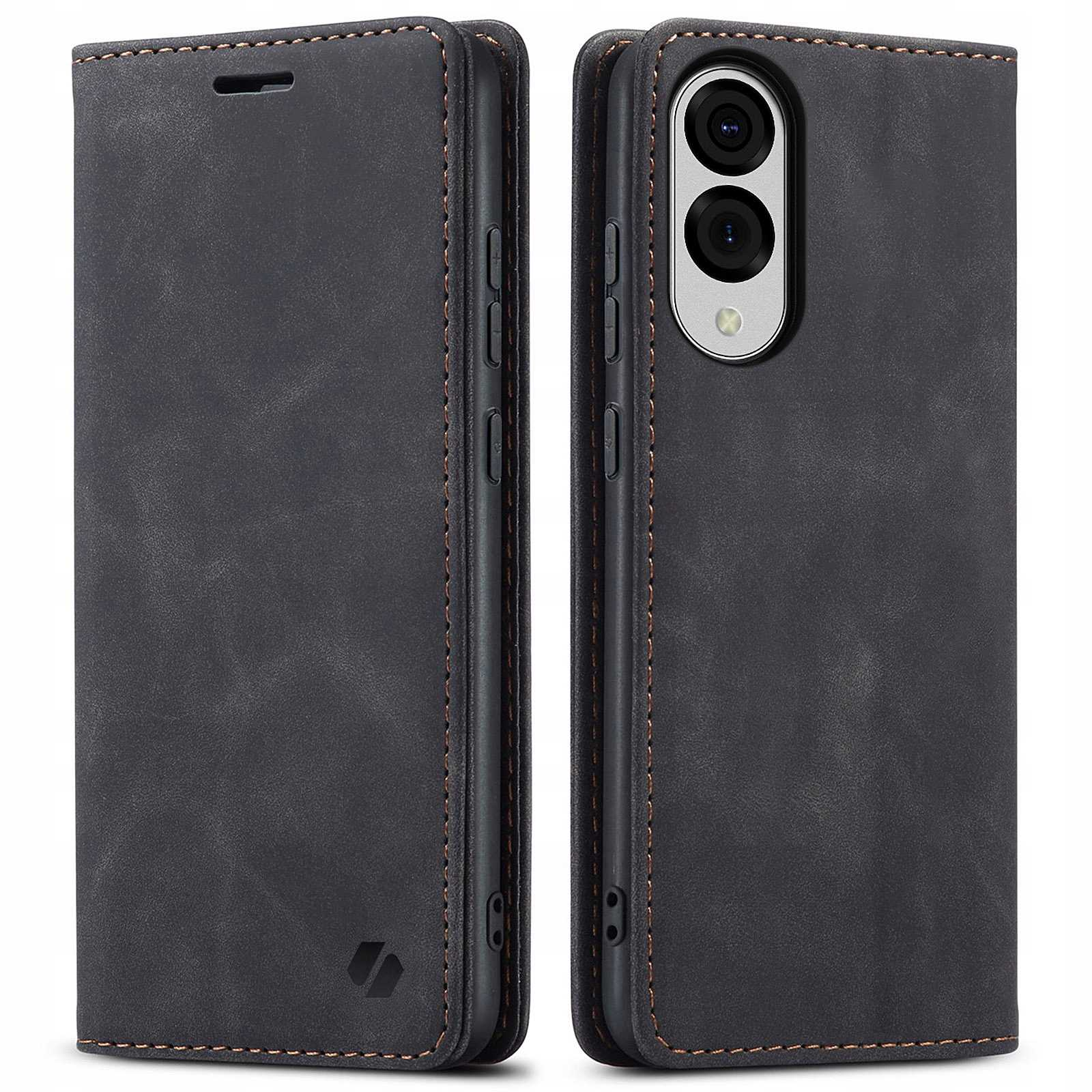 Czarne etui na telefon, otwarte i zamknięte. Pokazuje tył telefonu z aparatami.