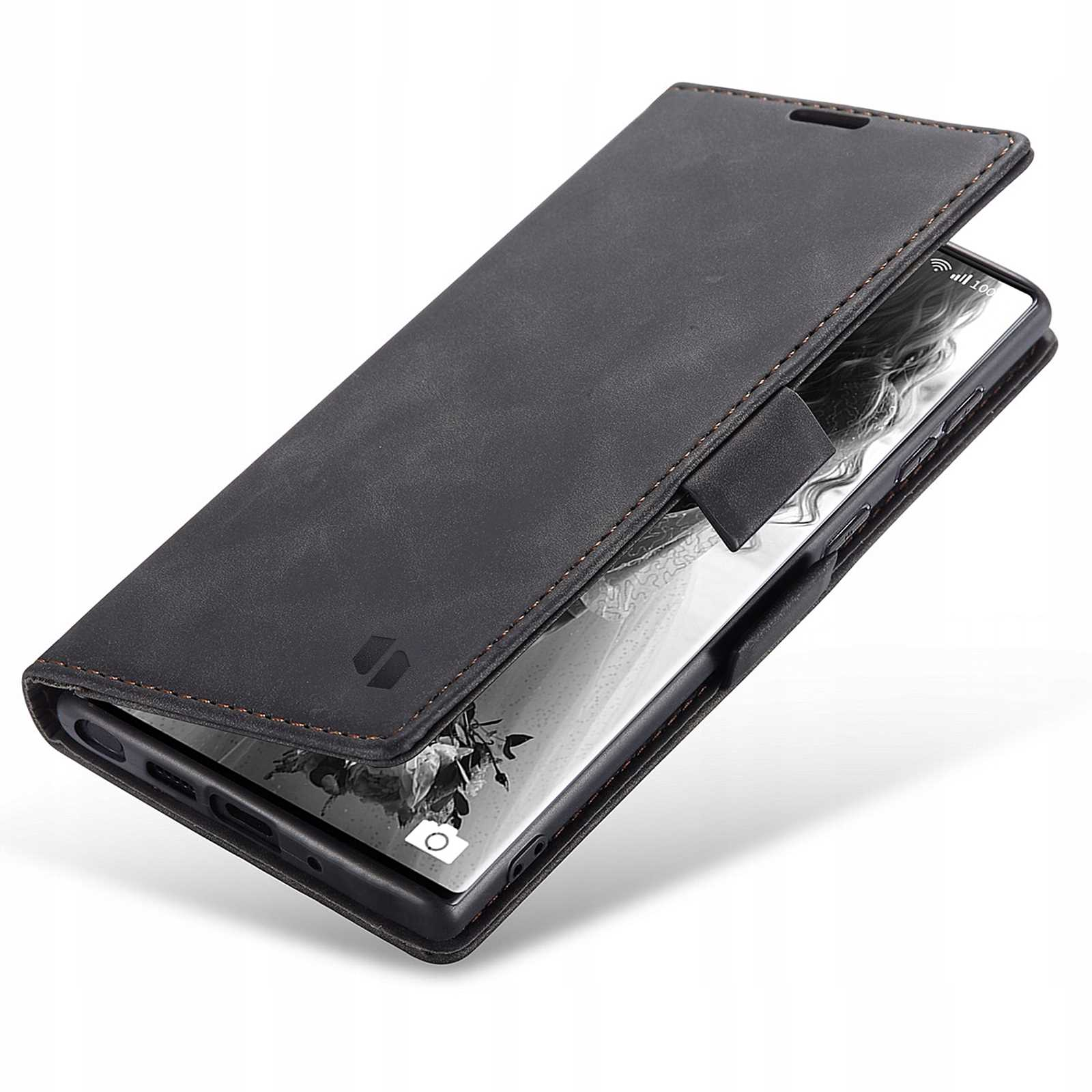 Otwarte, czarne etui na telefon z kobietą na ekranie.