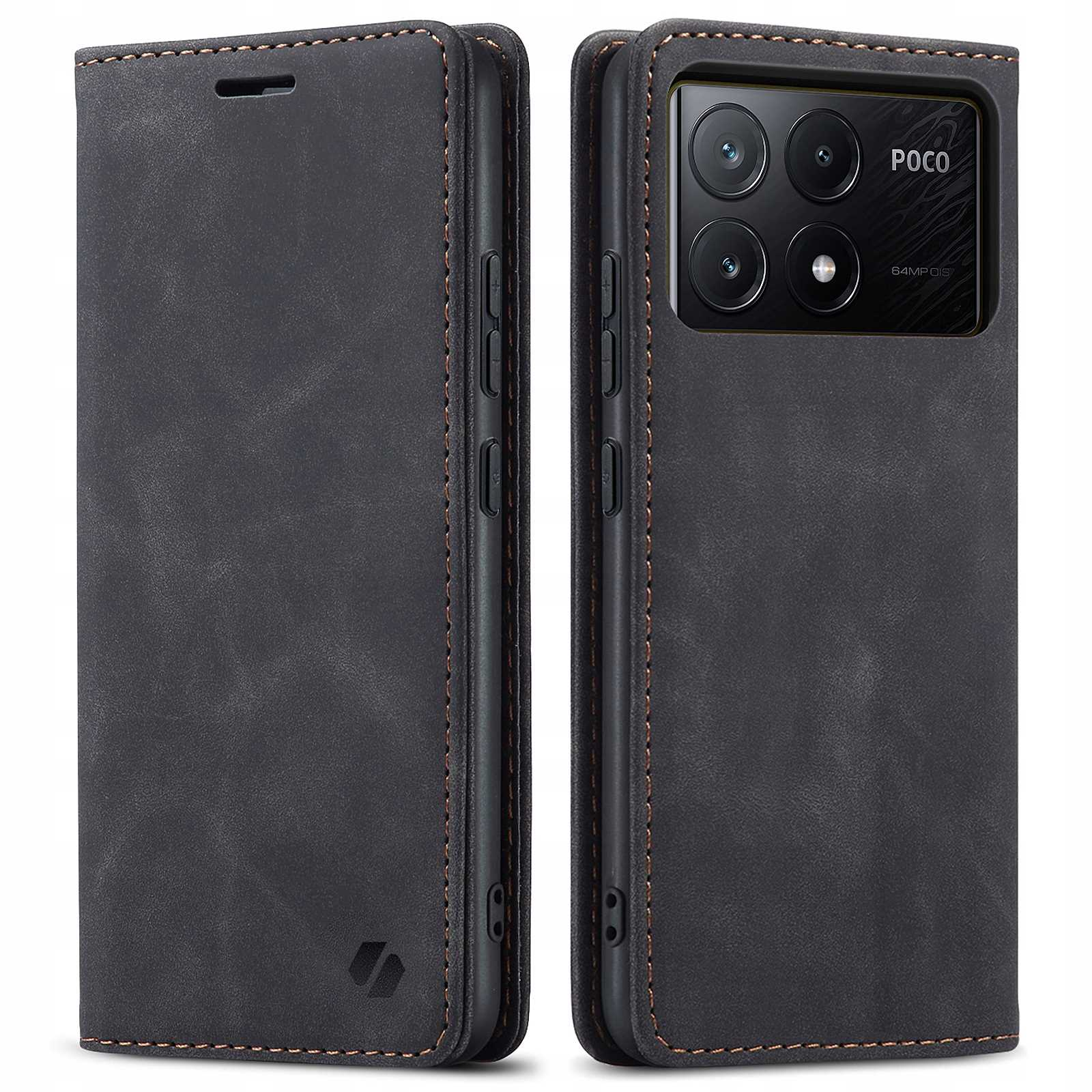 Czarne etui na telefon, zamknięte, ze szwami. Prawa strona jest otwarta, pokazując telefon.