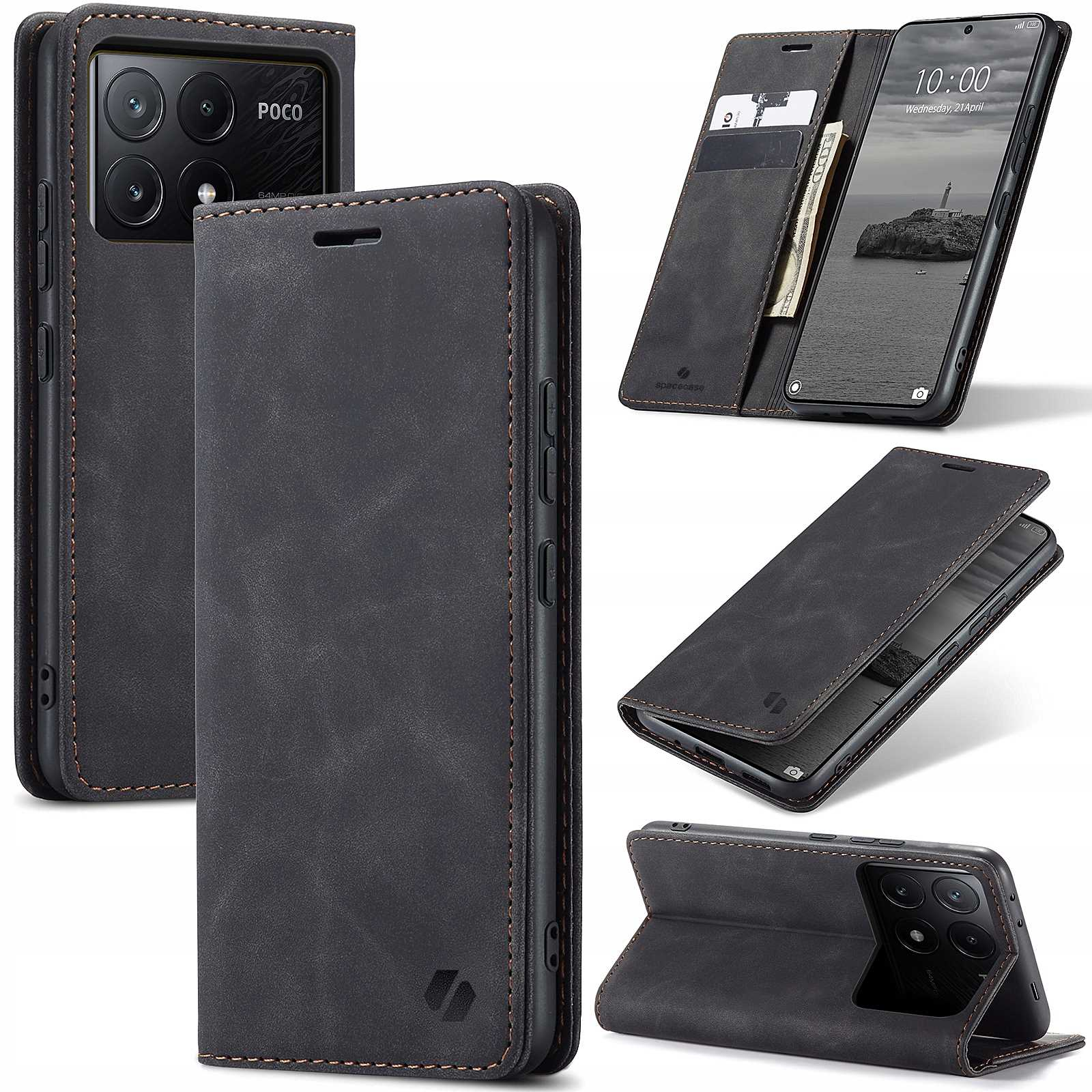Czarne etui na telefon z telefonem w środku. Wyświetlanych jest kilka kątów etui.