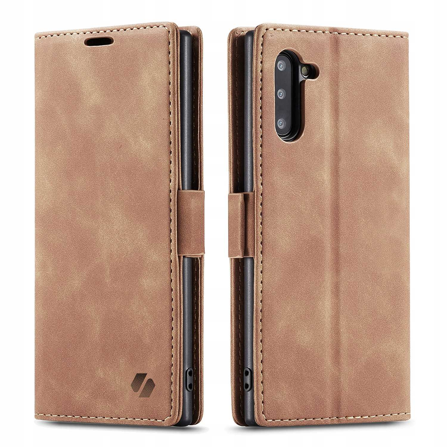 Brązowe etui na telefon, otwarte i zamknięte, ze szwami. Zamknięte etui pokazuje aparat i logo.