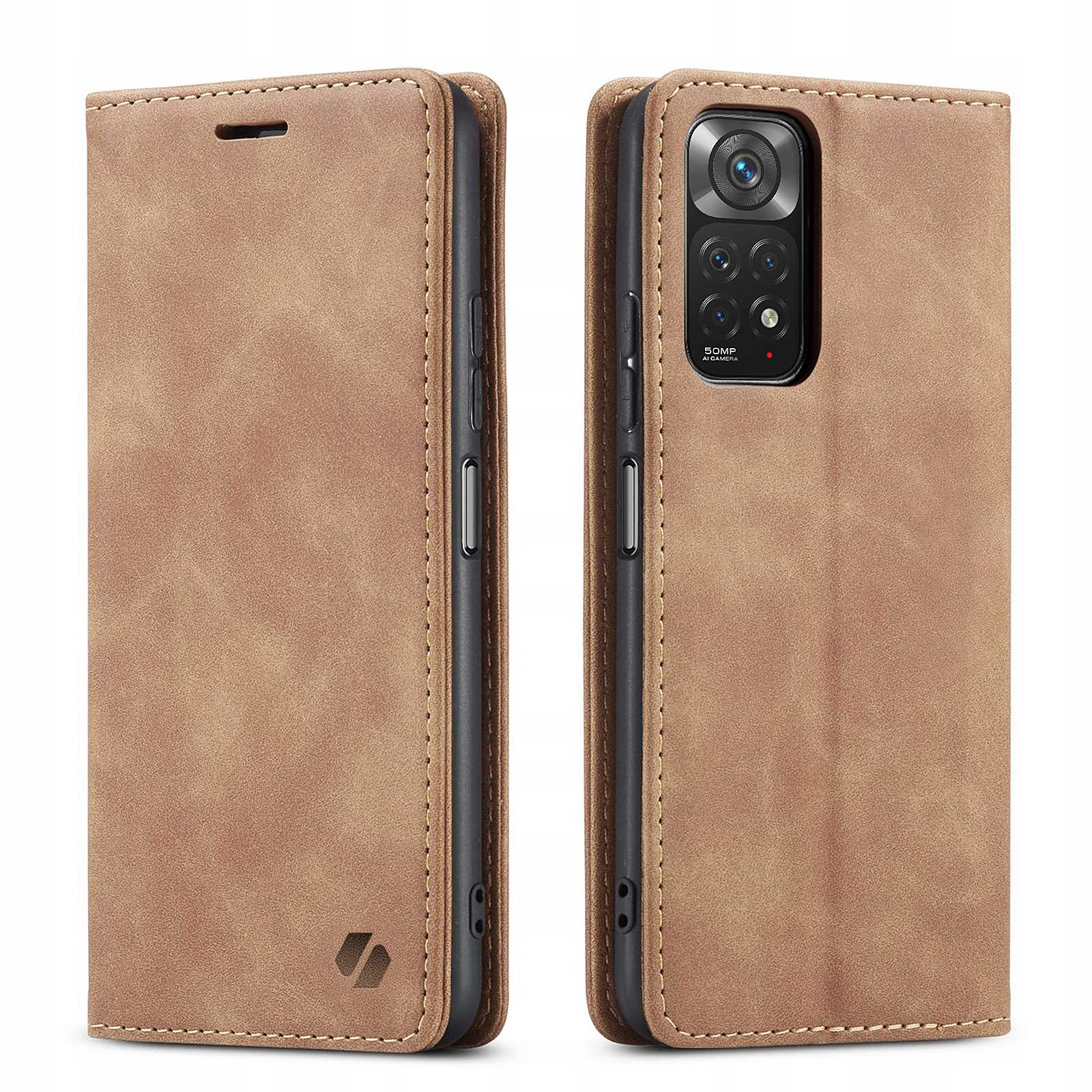 Brązowe etui na telefon z telefonem w środku. Telefon ma kamery i jest brązowy. Tło jest białe.