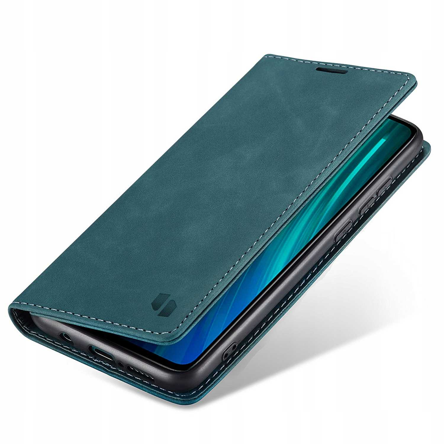 Turkusowe etui na telefon z telefonem w środku. Etui jest otwarte i ma białe szwy. Telefon jest zielony.