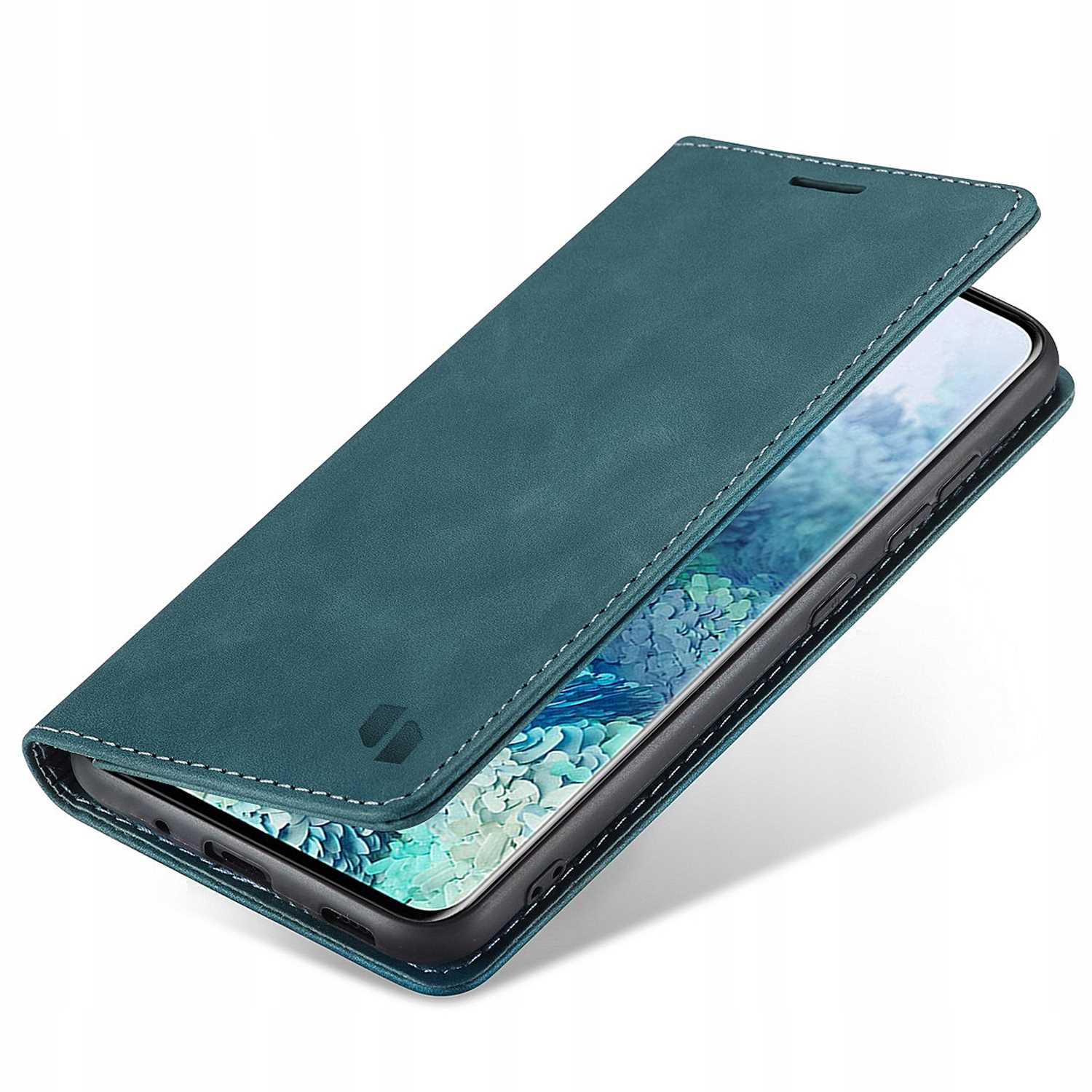 Turkusowe etui na telefon z telefonem w środku. Etui jest otwarte i ma logo. Tło jest białe.