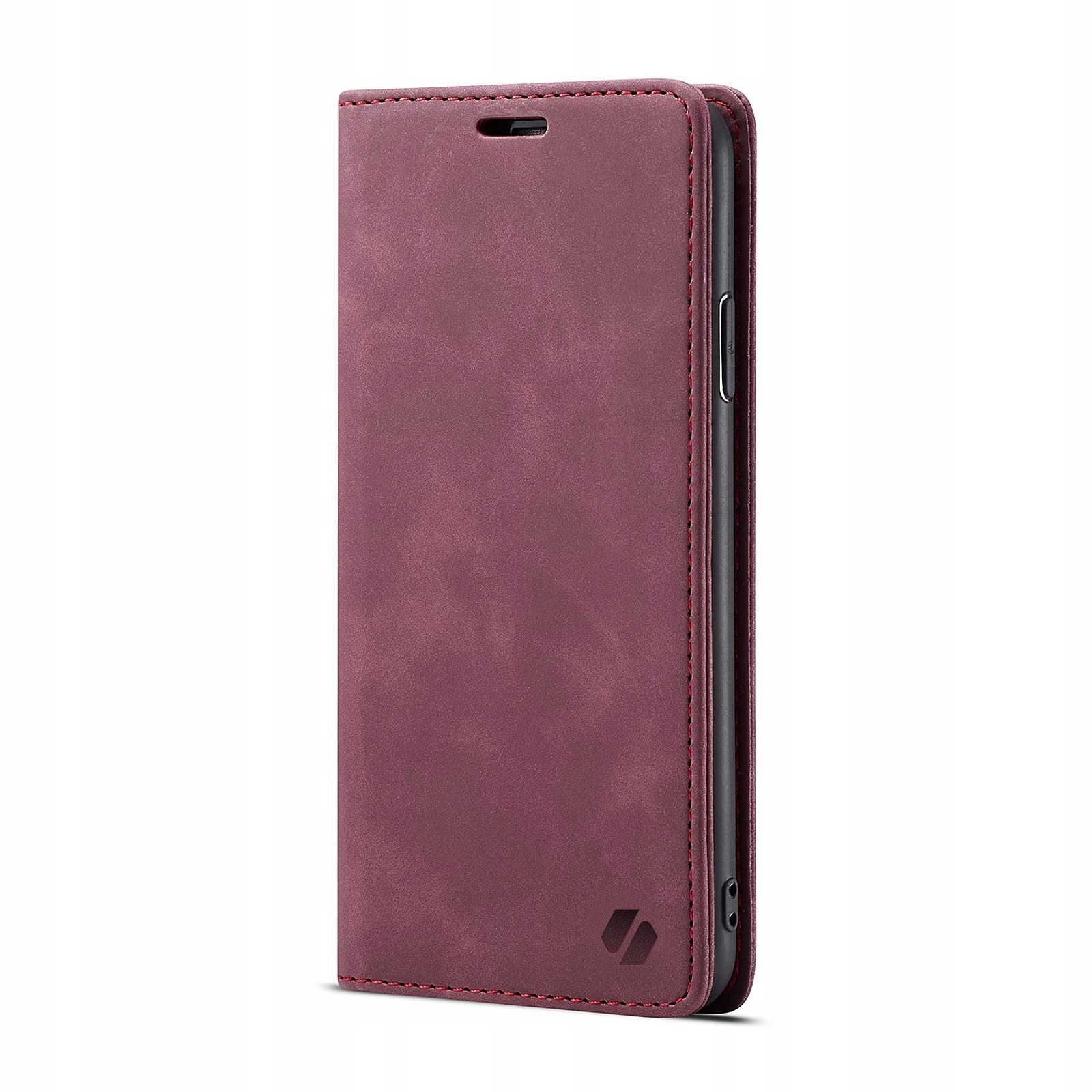Bordowe etui na telefon zamknięte. Etui pokazuje logo na dole. Czerwone szwy na krawędziach.