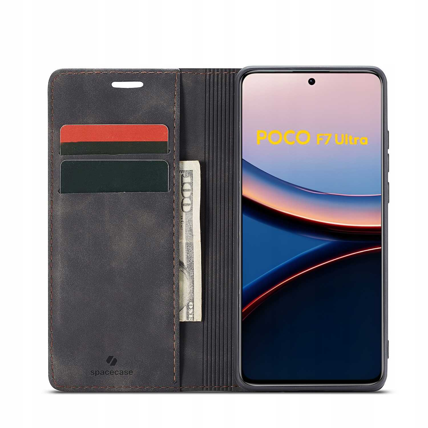 Telefon w ciemnoszarej obudowie, otwarty. Widać karty, pieniądze i niebieski obraz.