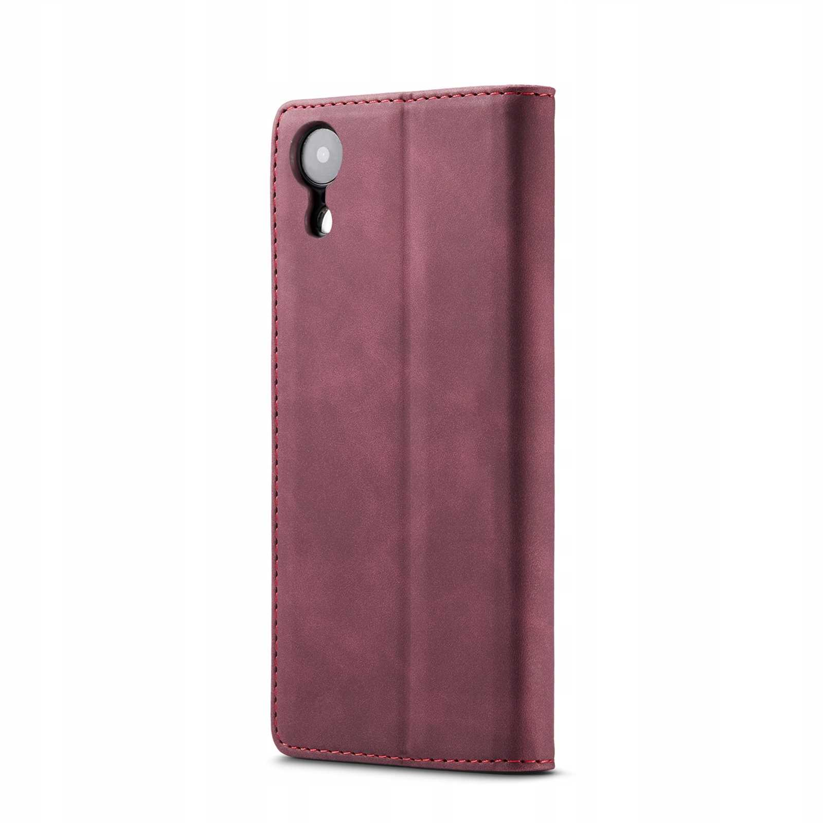 Bordowe etui na telefon zamknięte, pokazujące aparat. Etui ma czerwone szwy na krawędziach.