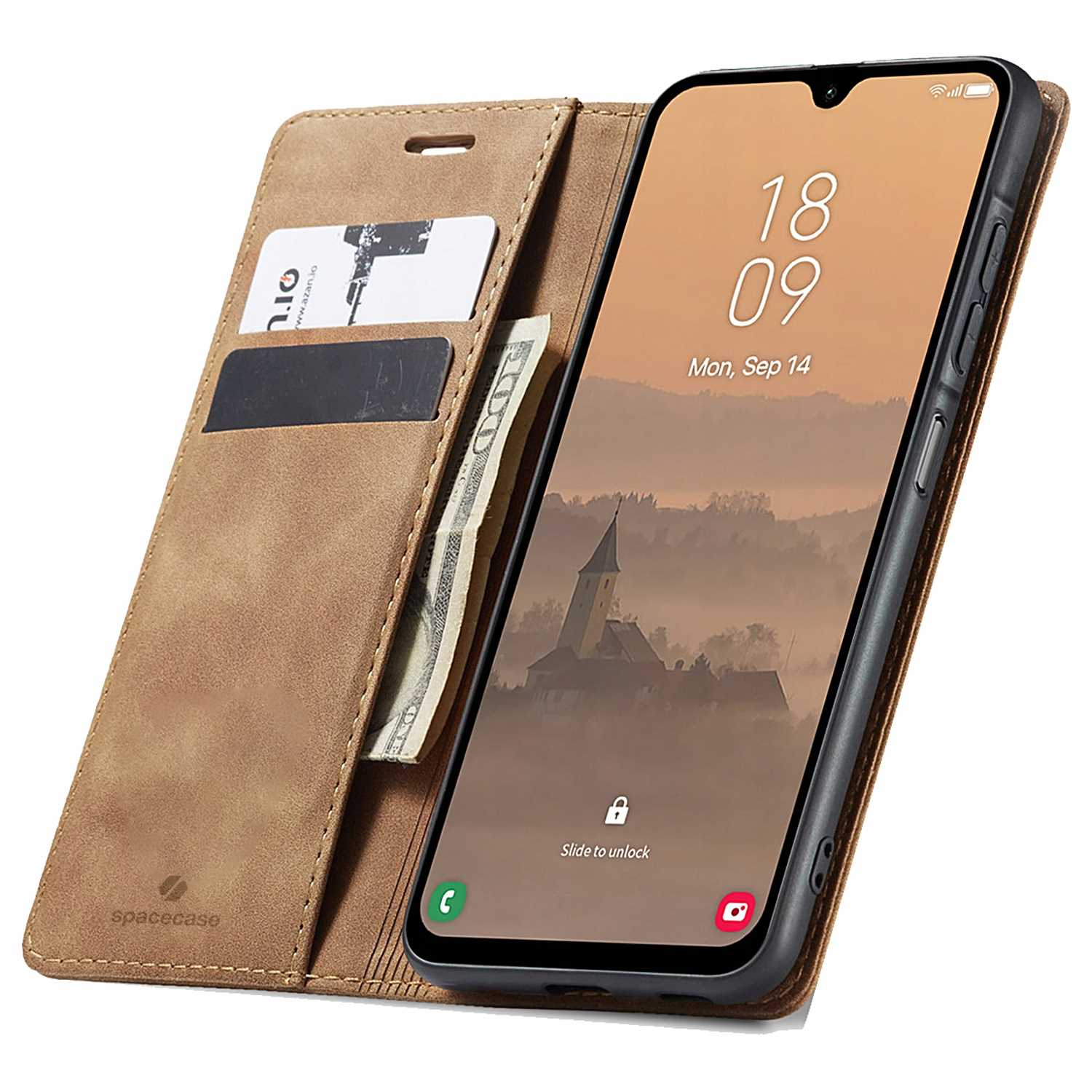 Telefon w brązowym etui, ekran z datą i godziną. Widoczne pieniądze i karty.