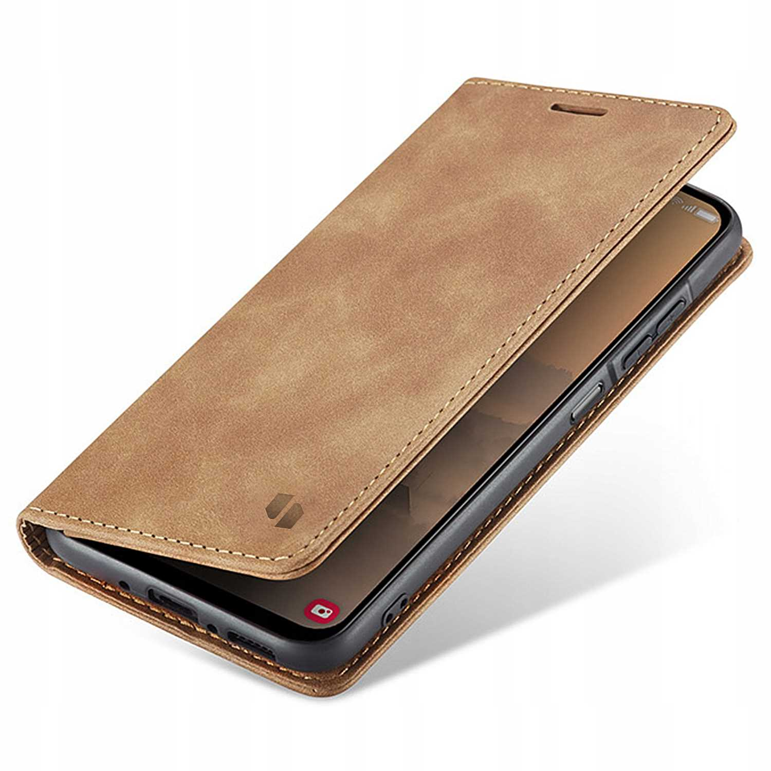 Jasnobrązowe etui na telefon, otwarte, widoczny ekran telefonu. Etui ma logo.