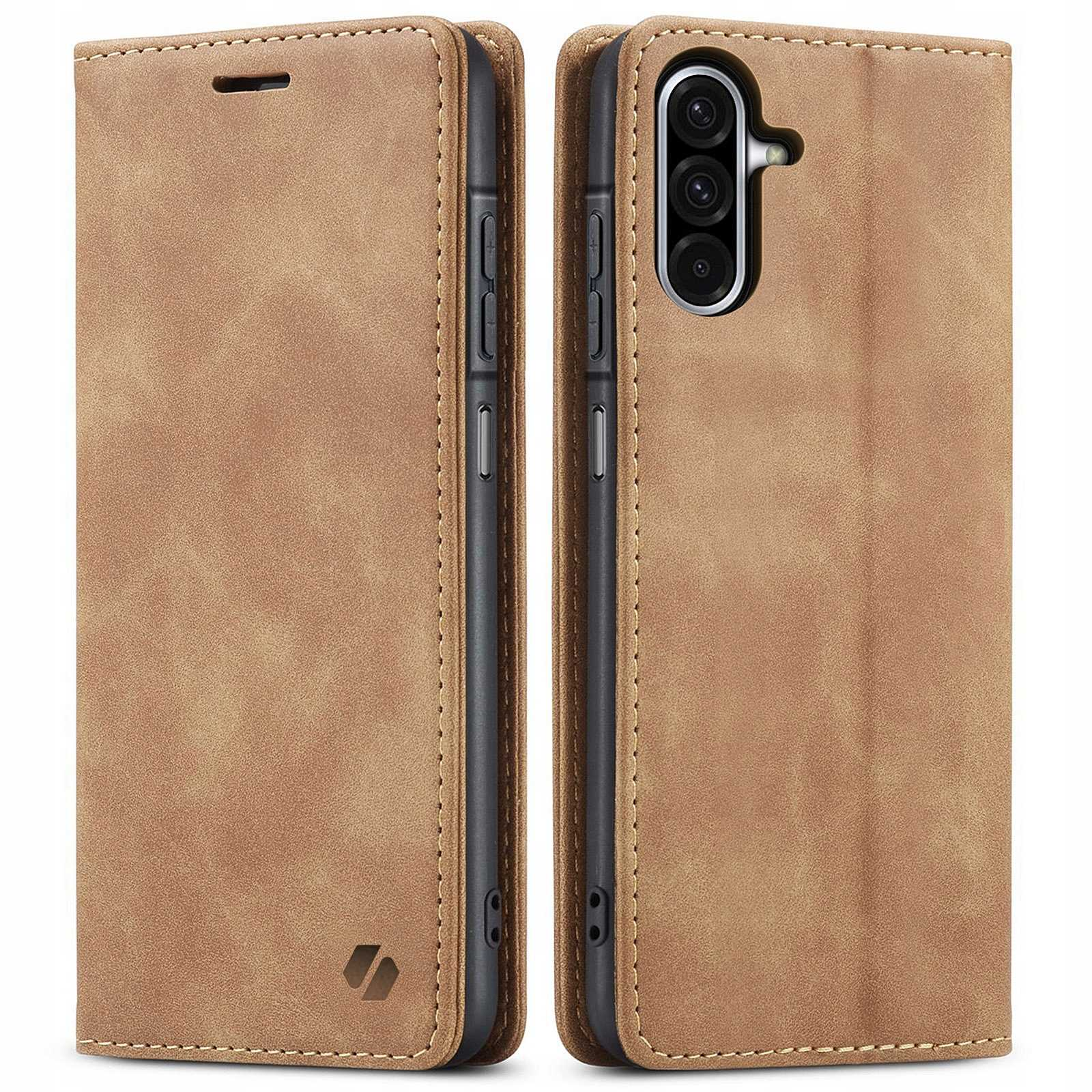 Jasnobrązowe etui na telefon, zamknięte, pokazujące tył telefonu z aparatami.