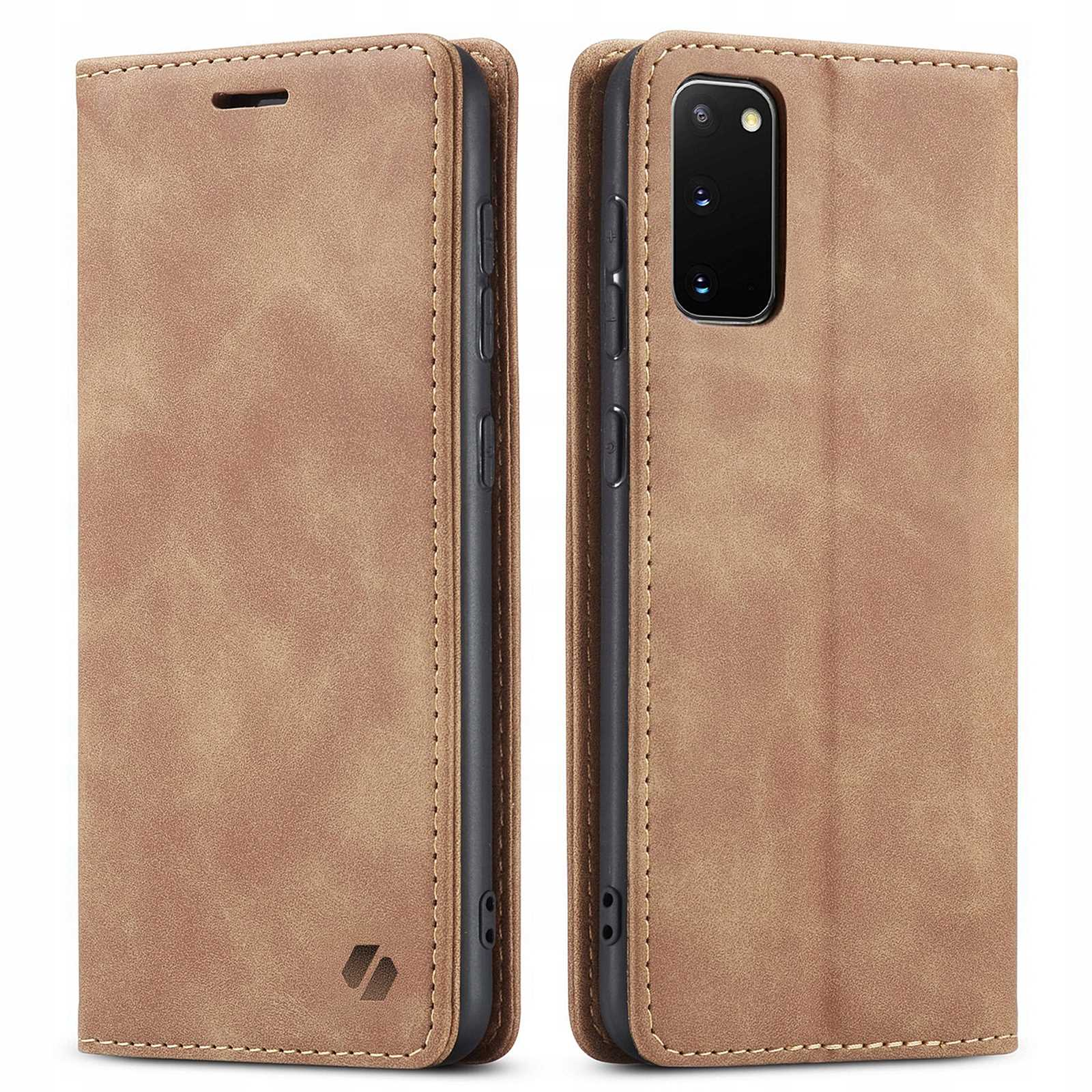 Dwuczęściowe, brązowe etui na telefon. Lewa strona przedstawia zamknięte etui, prawa - tył telefonu.