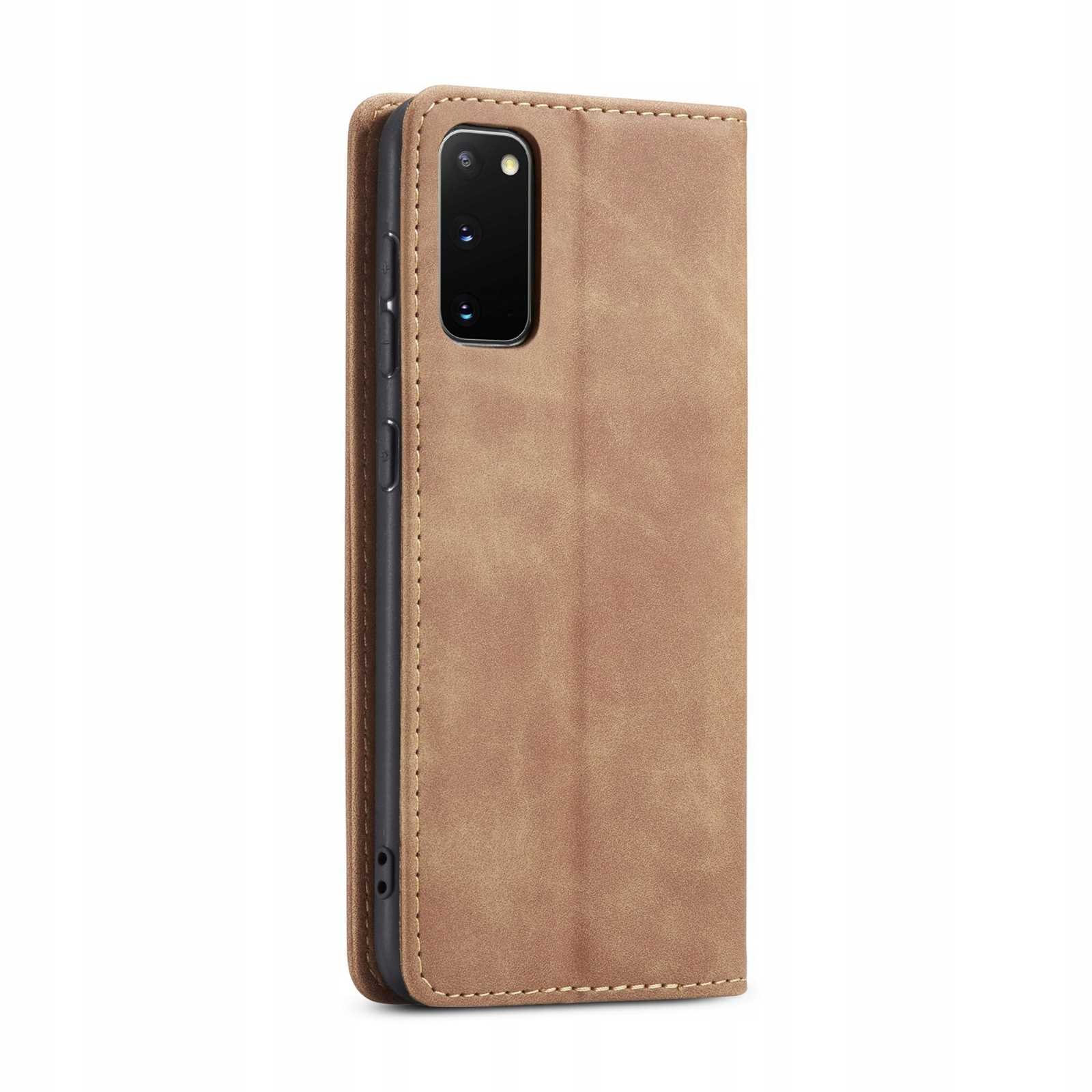 Brązowe etui na telefon zamknięte, z widocznymi aparatami. Etui jest zamknięte z telefonem w środku.