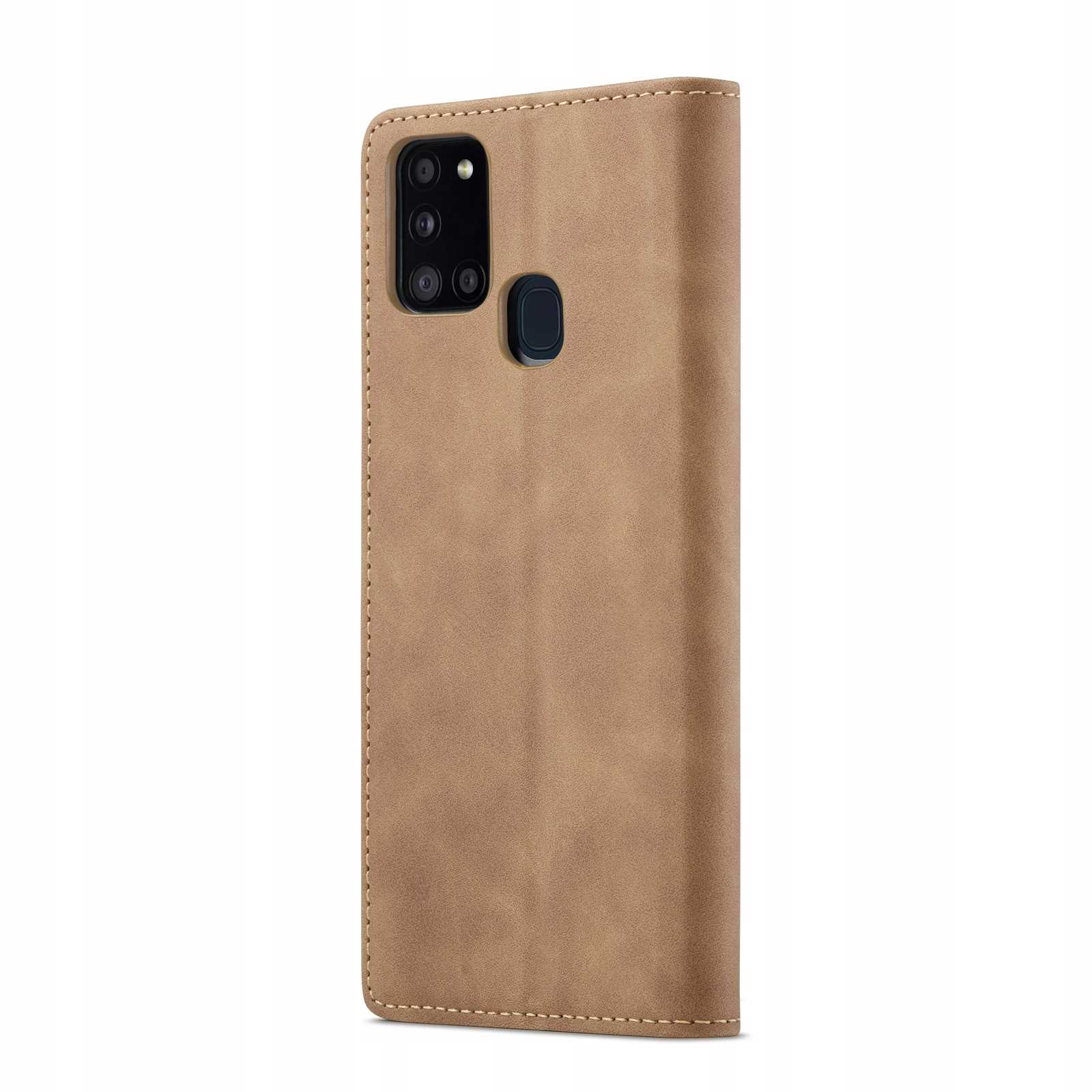 Brązowe etui na telefon zamknięte, pokazujące tył telefonu z aparatami. Etui jest zamknięte.