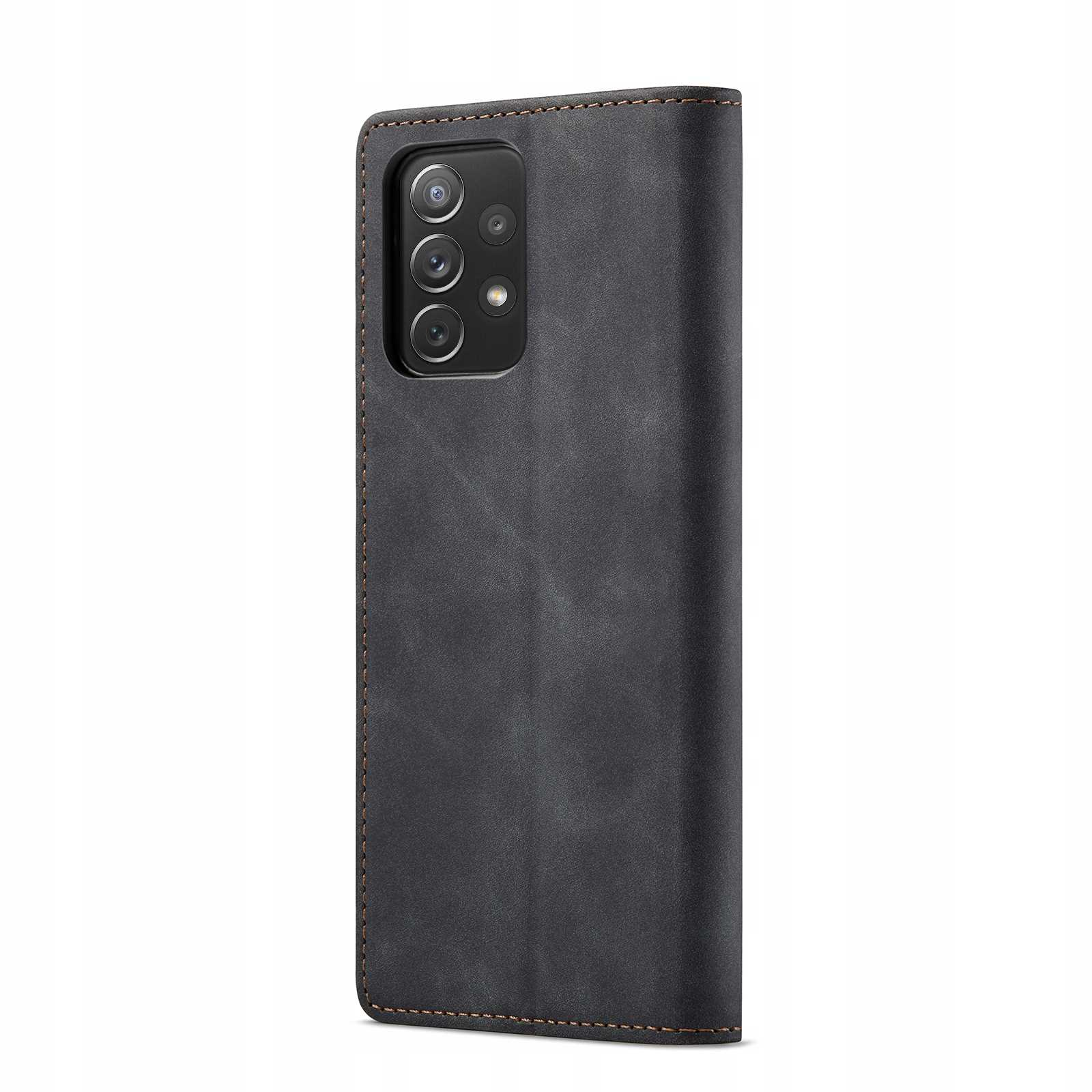 Czarne etui na telefon jest zamknięte. Aparat telefonu jest widoczny z tyłu.