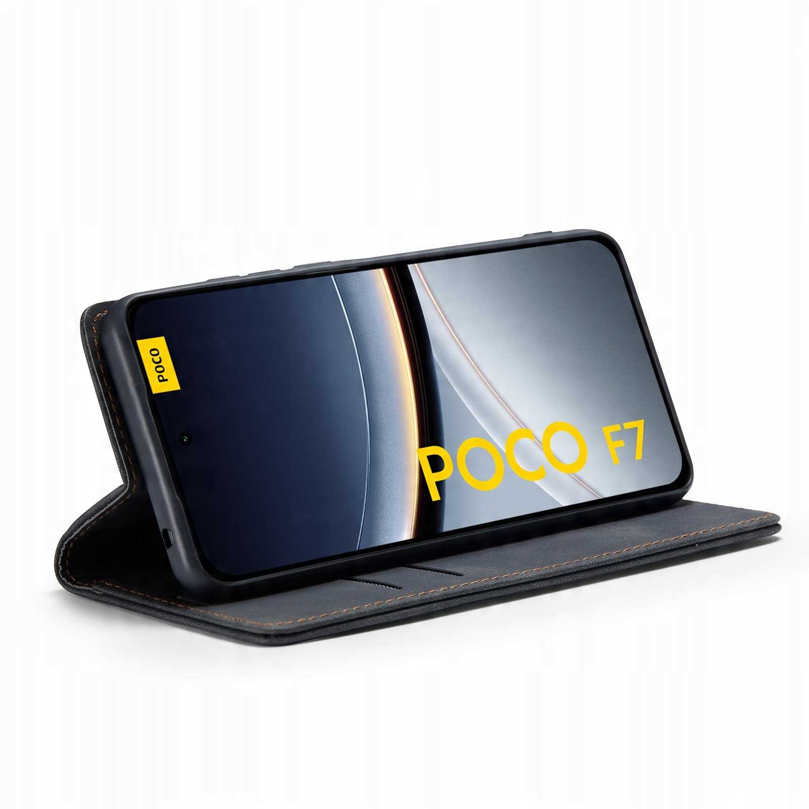 Czarne etui na telefon jest otwarte, pokazując telefon z napisem 'Poco F7' na ekranie.