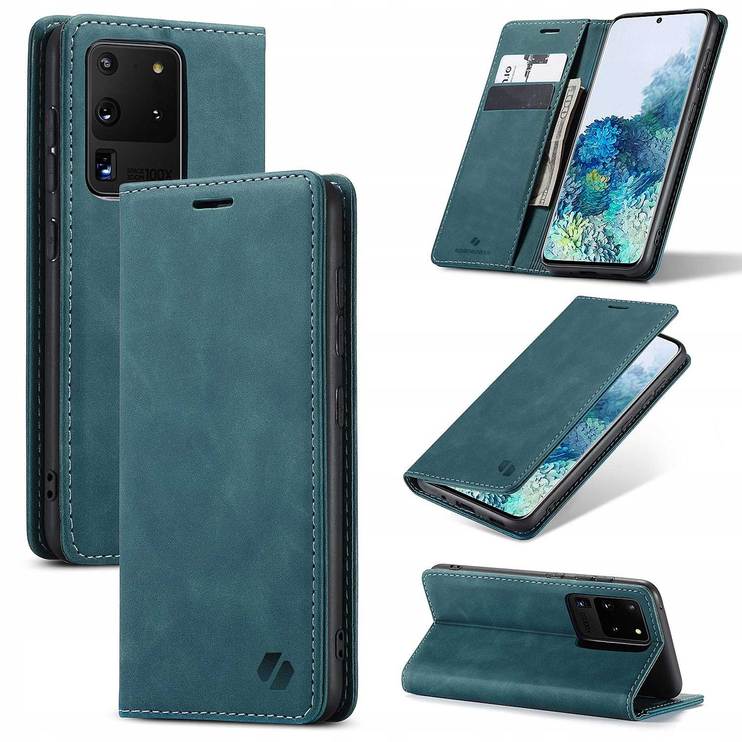 Kilka zdjęć turkusowego etui na telefon, otwartego i zamkniętego, z telefonem w środku. Wiele widoków.