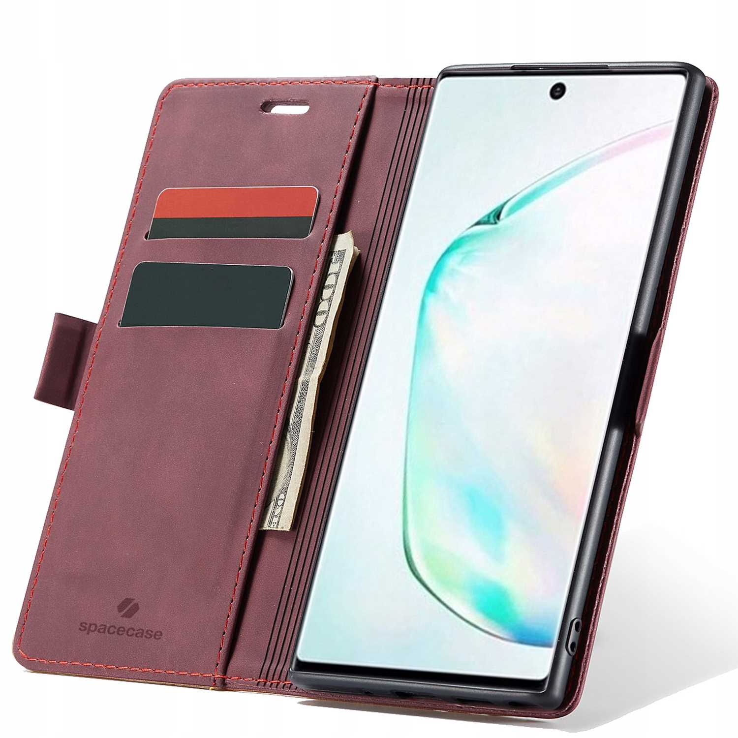 Bordowe etui na telefon jest otwarte, pokazując telefon z widocznymi kartami i pieniędzmi.