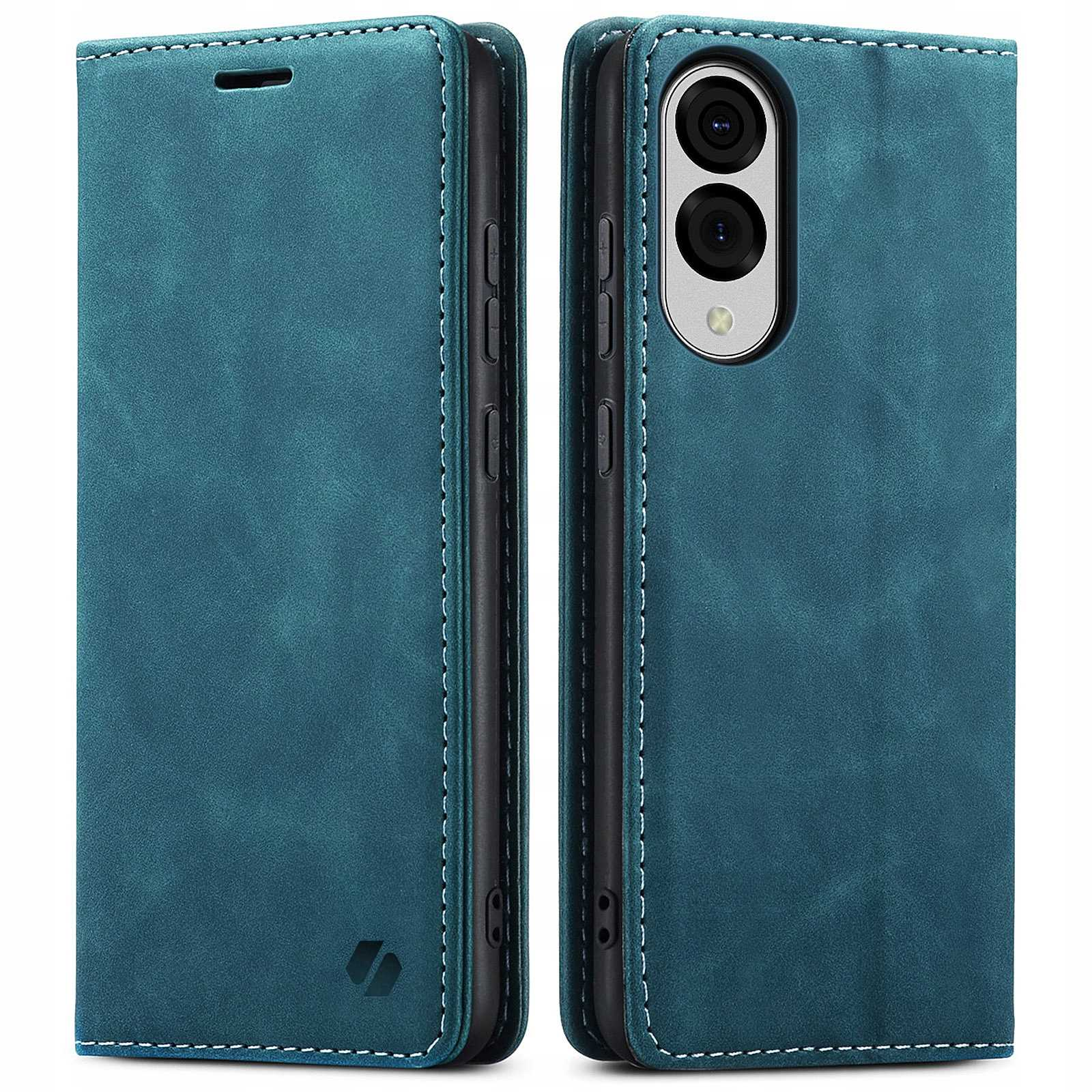 Wyświetlane są dwa turkusowe etui na telefony, otwarte i zamknięte. Otwarte etui pokazuje układ kamery telefonu.