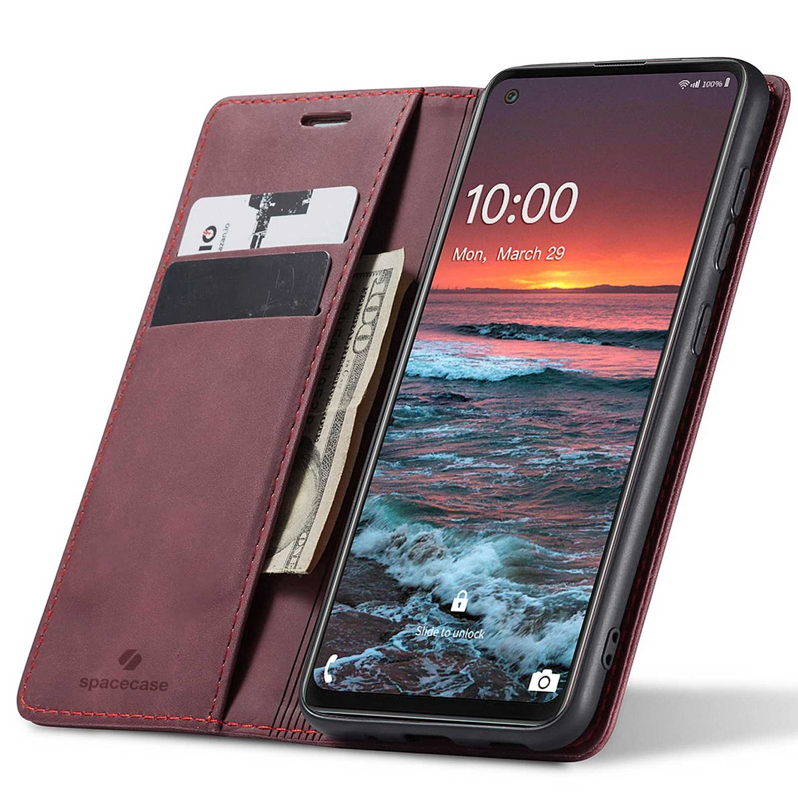Bordowe etui na telefon z telefonem pokazującym krajobraz morski, widoczne karty i rachunek.
