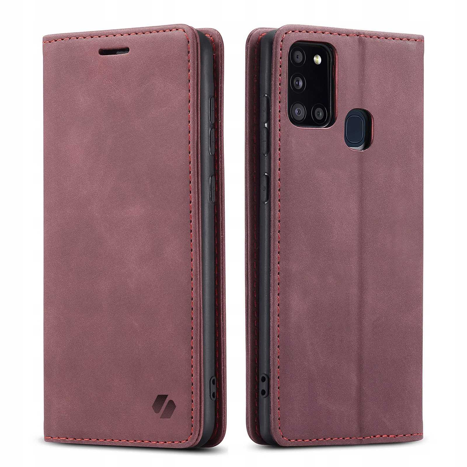 Wyświetlane są dwa bordowe etui na telefony, otwarte i zamknięte. Otwarte etui pokazuje telefon z widocznym aparatem.