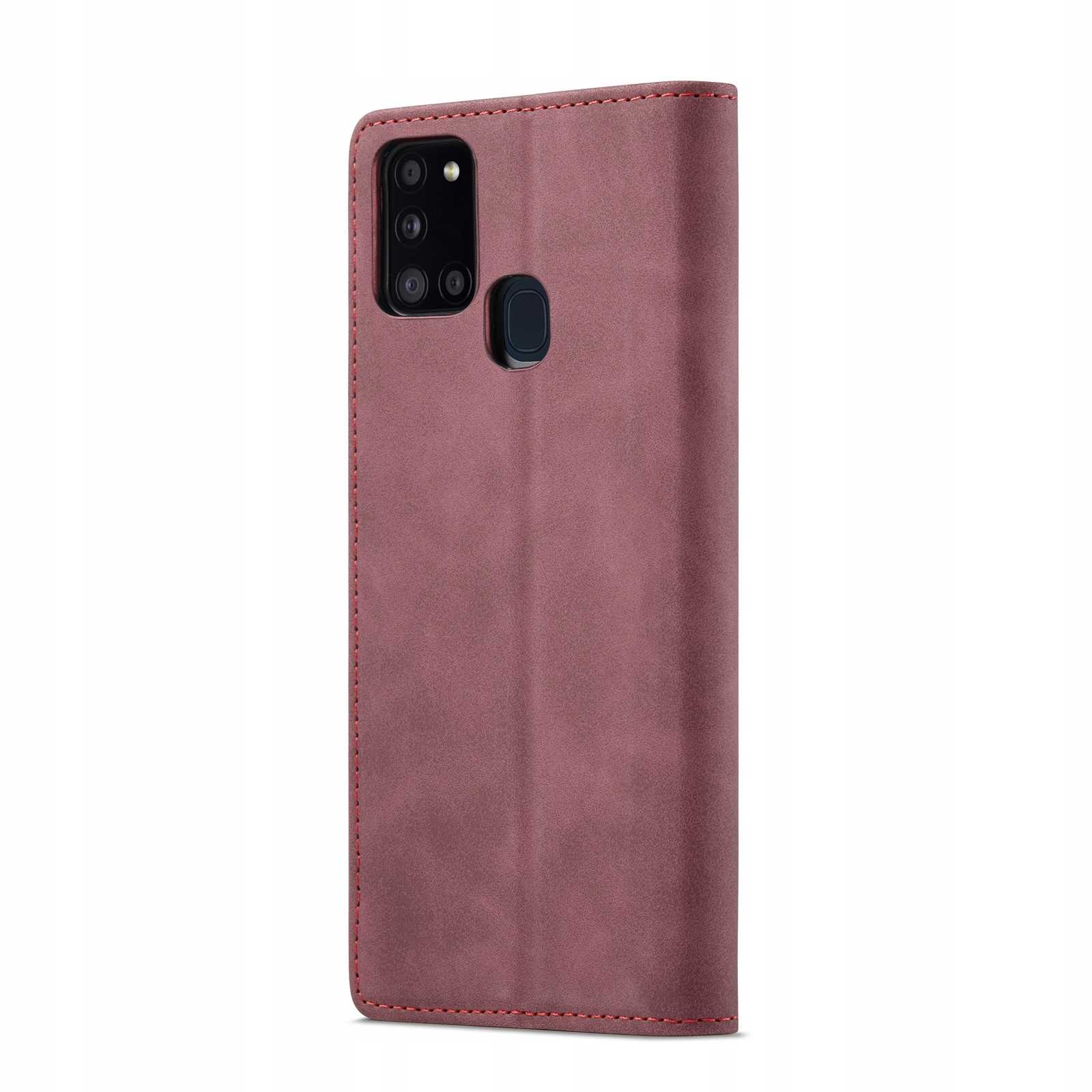 Bordowe etui na telefon, zamknięte, z widocznym aparatem telefonu. Detale szycia są czerwone.
