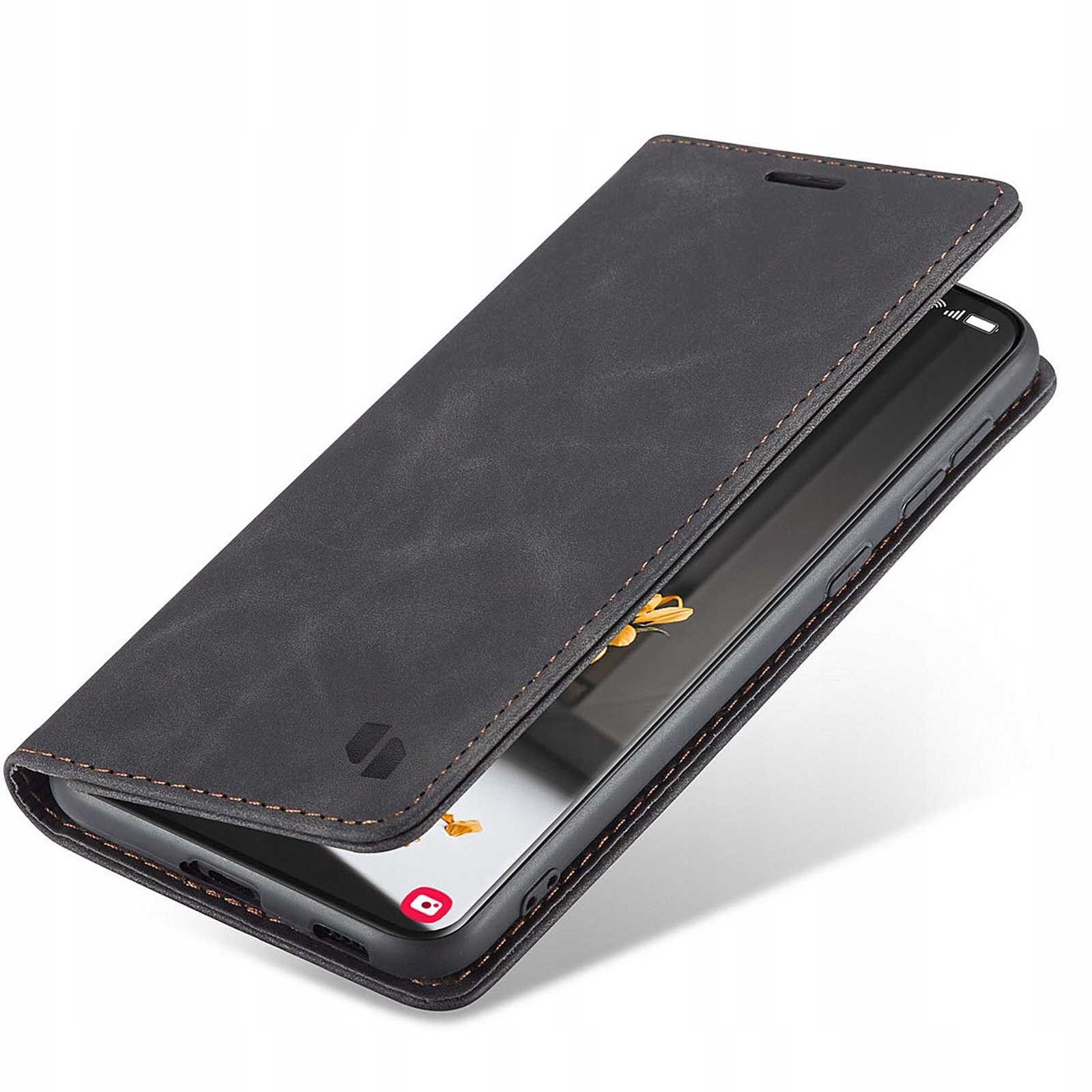 Czarne etui na telefon otwarte, pokazujące ekran telefonu. Ciemne, teksturowane etui z brązowymi szwami.