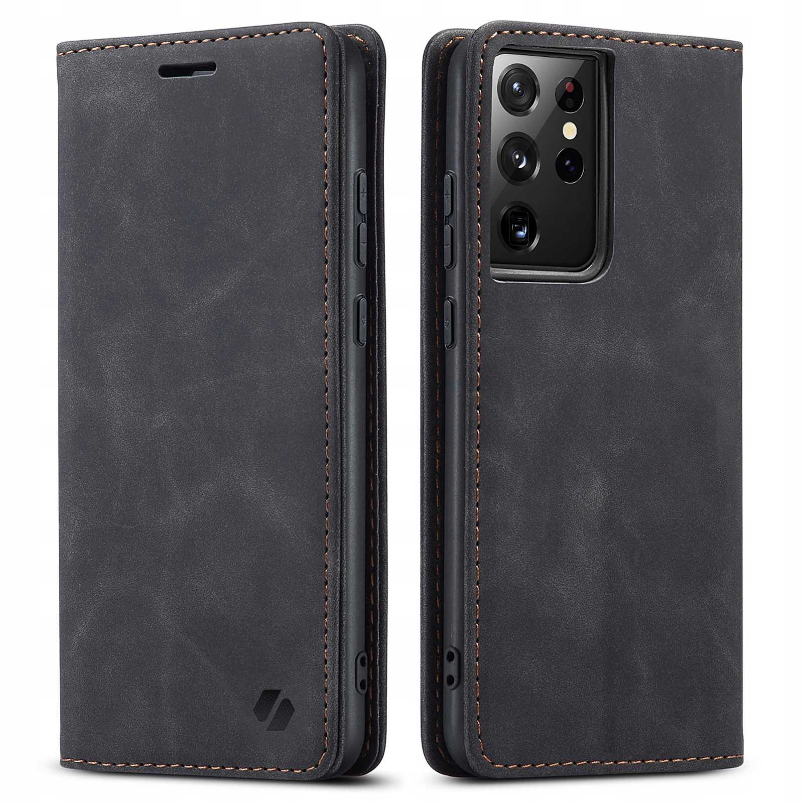 Czarne etui na telefon w dwóch widokach, pokazujące kamery telefonu i zewnętrzną stronę etui.