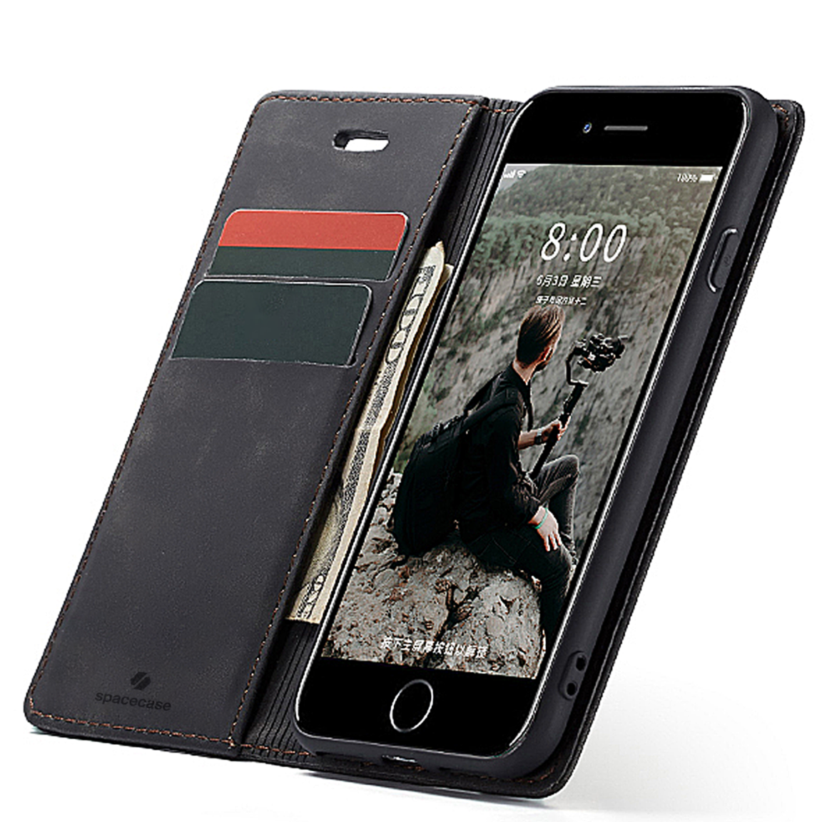 Czarne skórzane etui na telefon, otwarte, pokazujące telefon z ekranem. Zawiera karty i gotówkę.