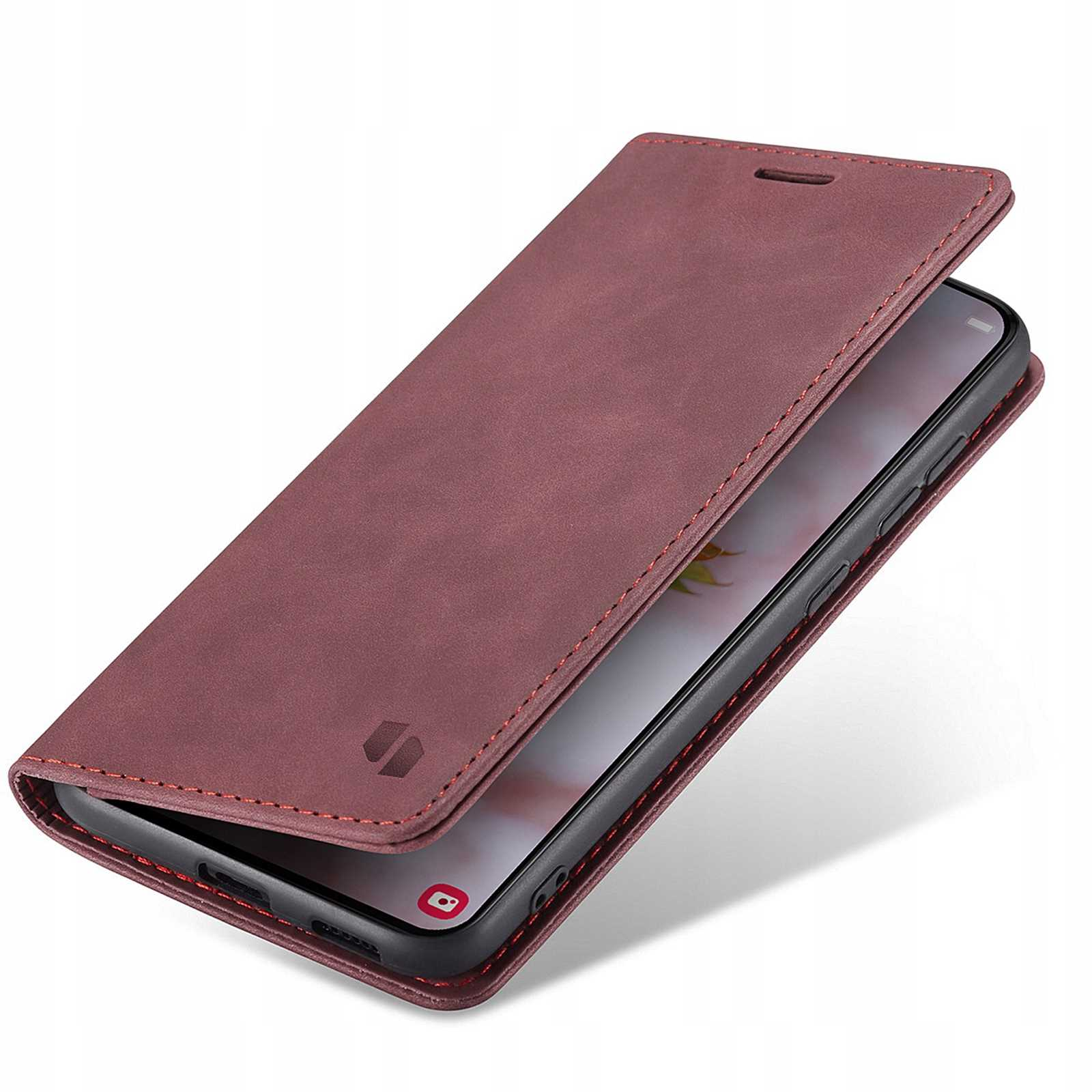 Otwarta bordowa obudowa telefonu. Ekran telefonu jest widoczny.