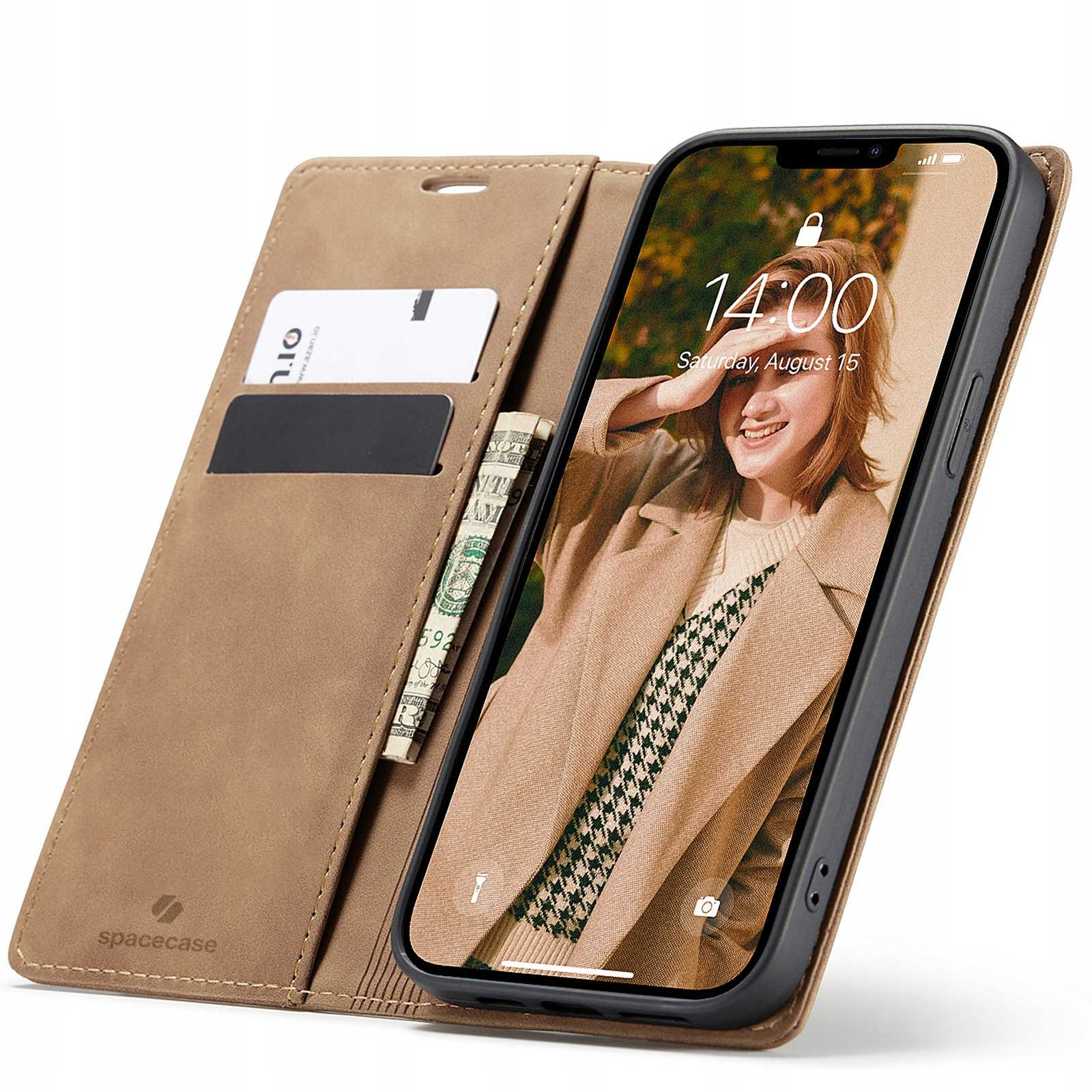 Otwarte, beżowe etui na telefon pokazuje telefon z wizerunkiem kobiety i portfelem.