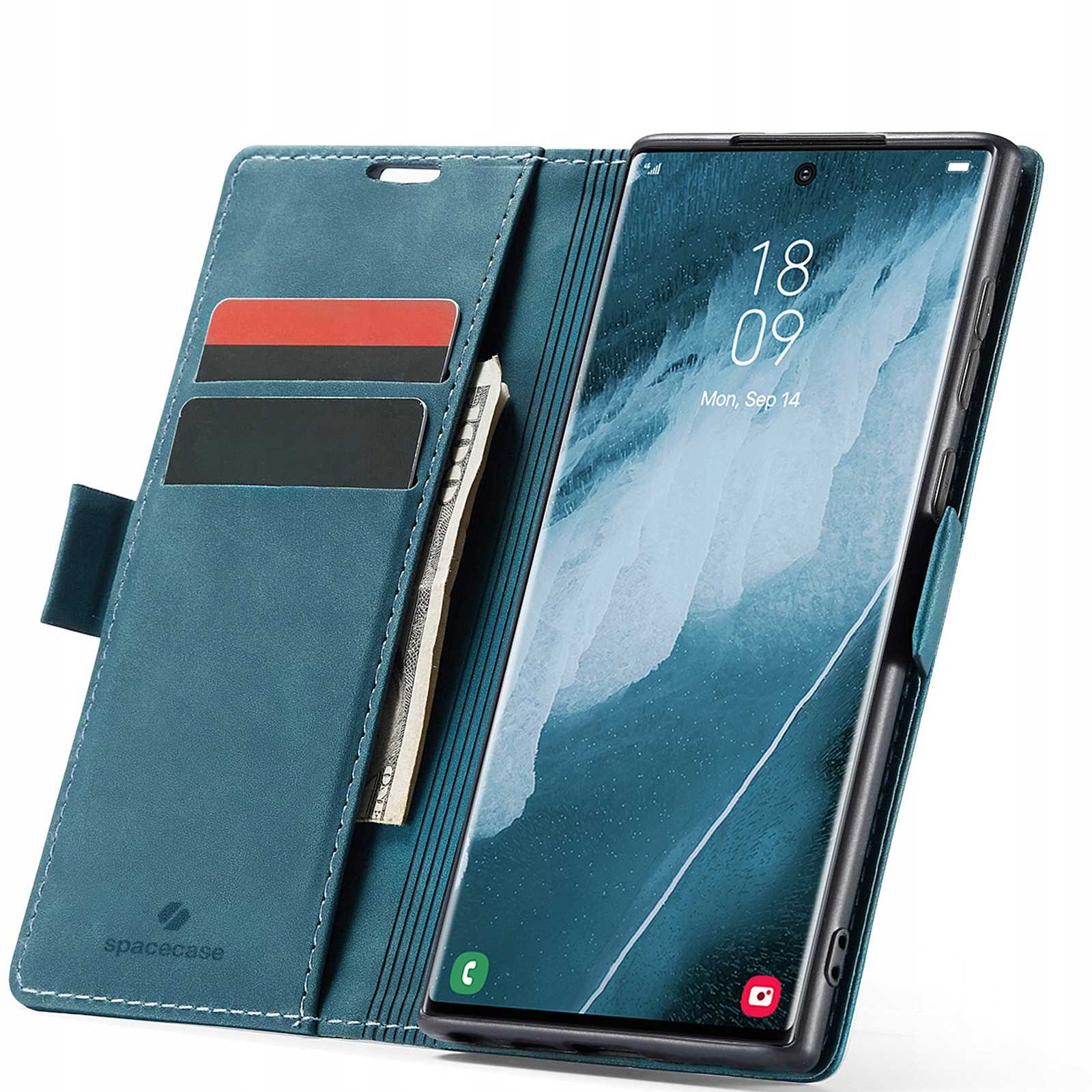 Niebieskie etui na telefon otwarte, pokazujące karty i pieniądze. Telefon wyświetla ekran.