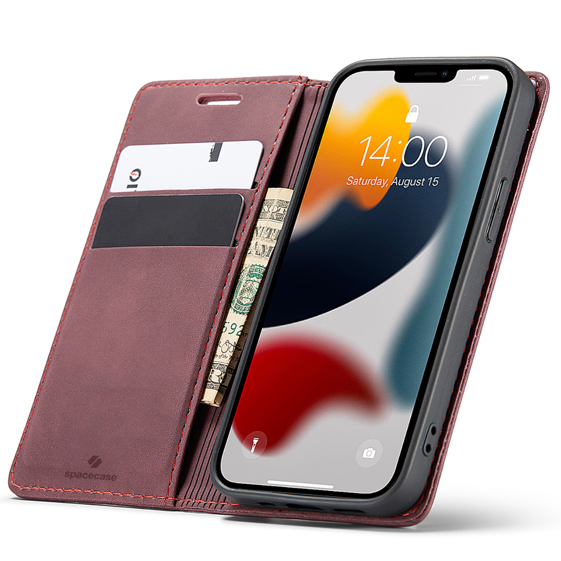 Czerwono-brązowe etui na telefon otwarte, pokazujące karty i pieniądze. Telefon wyświetla godzinę.
