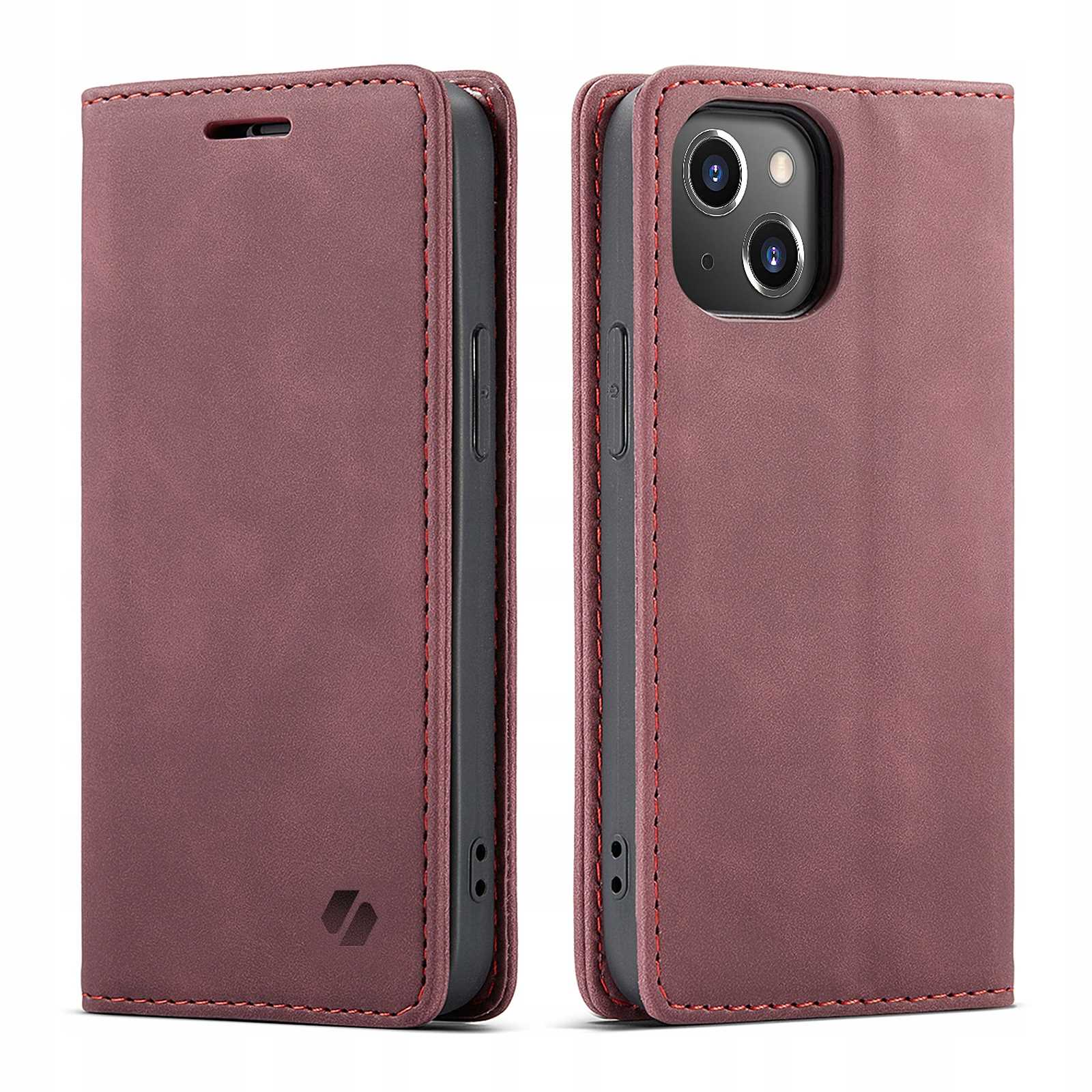 Czerwono-brązowe etui na telefon, zamknięte i otwarte, z czerwonymi przeszyciami. Otwarte pokazuje telefon.