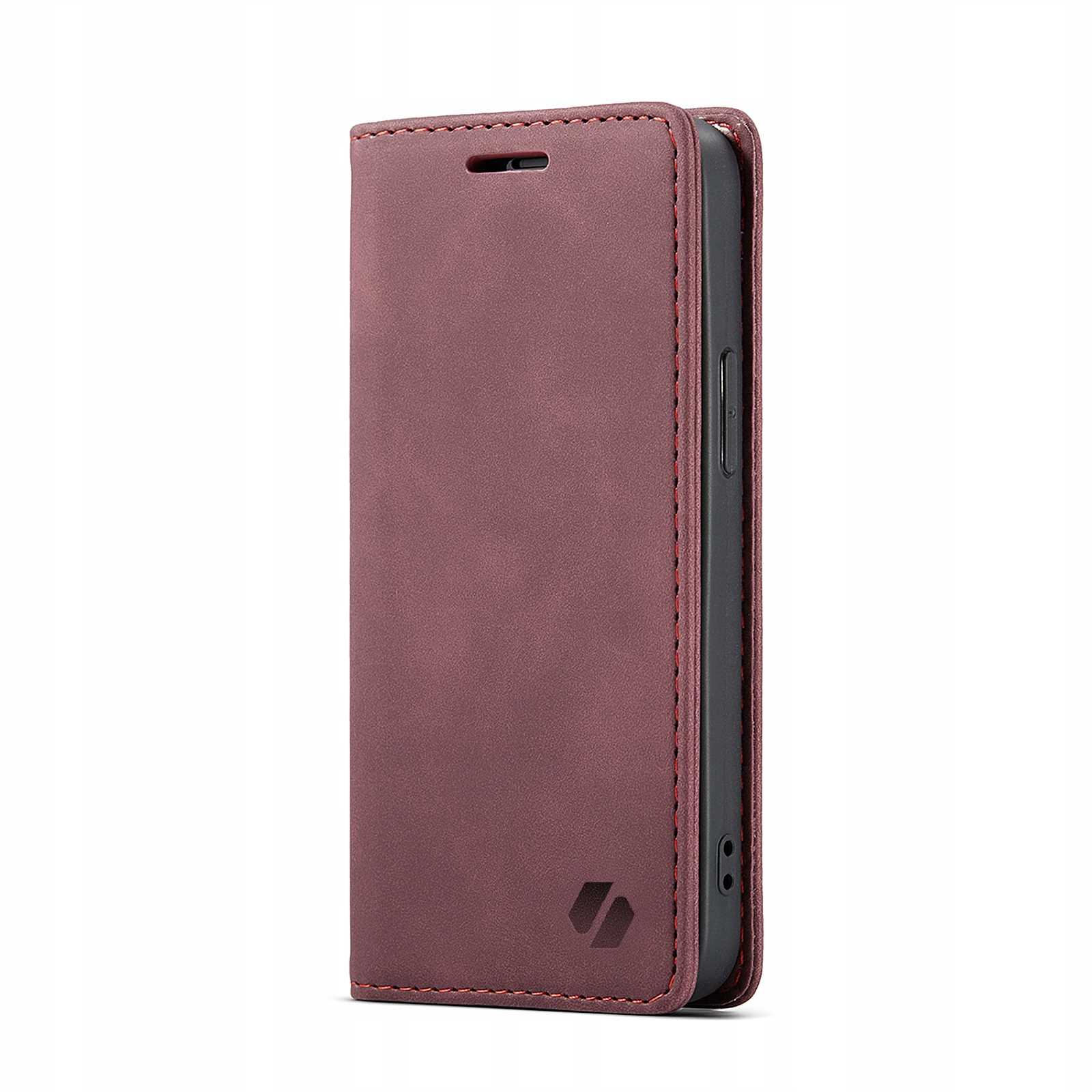 Czerwono-brązowe etui na telefon, zamknięte. Etui ma czerwone przeszycia i logo.