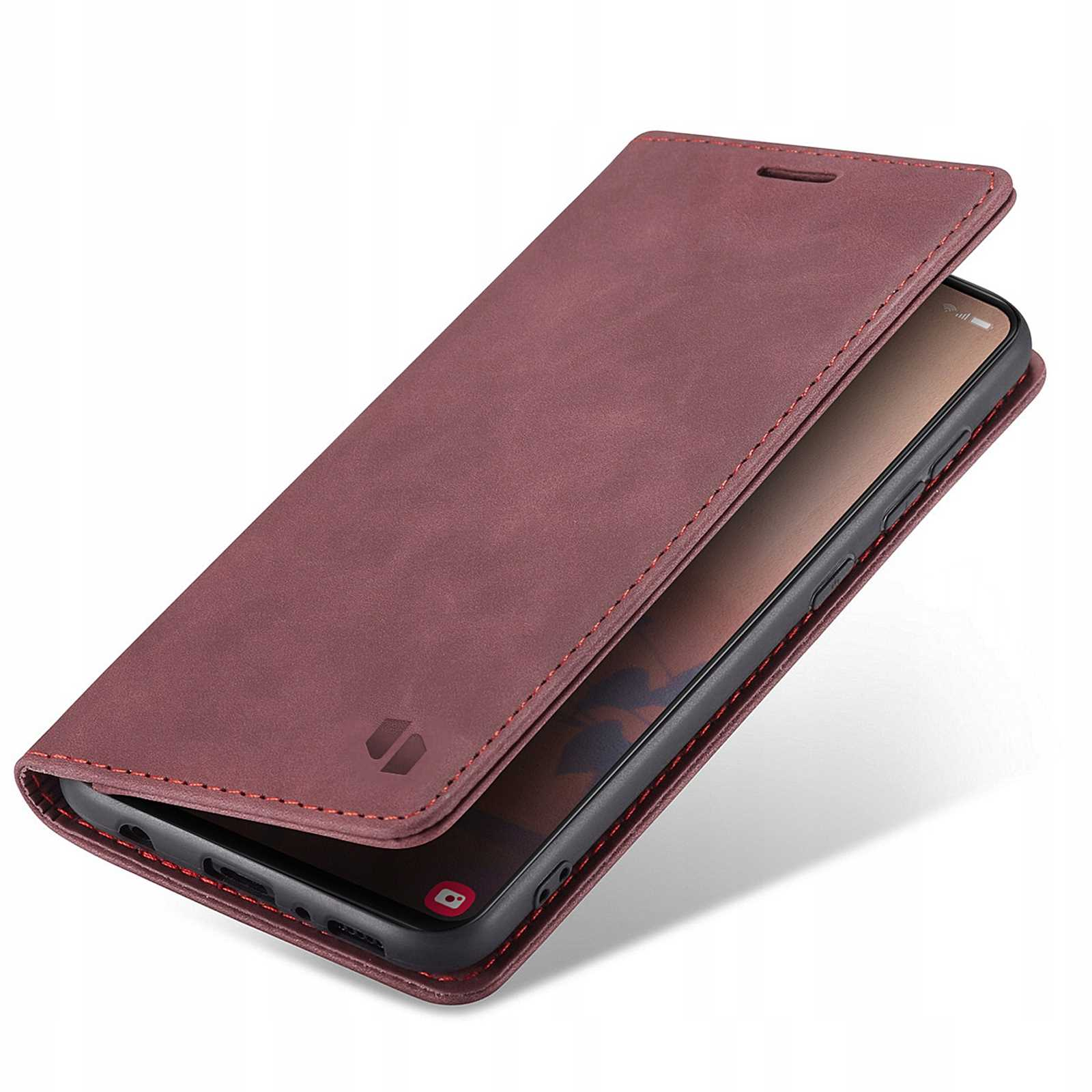 Bordowe etui na telefon, otwarte, pokazujące ekran telefonu, wnętrze etui widoczne.