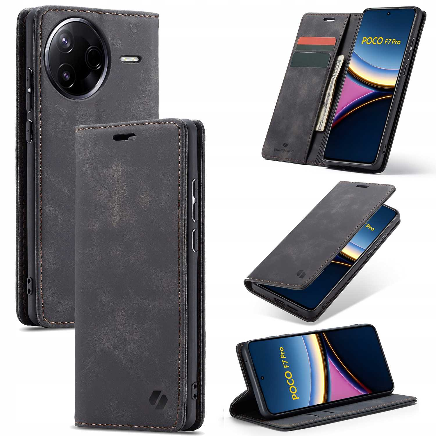 Wiele widoków etui na telefon. Etui jest szare z brązowymi szwami. Telefon wyświetlany i zamknięty.