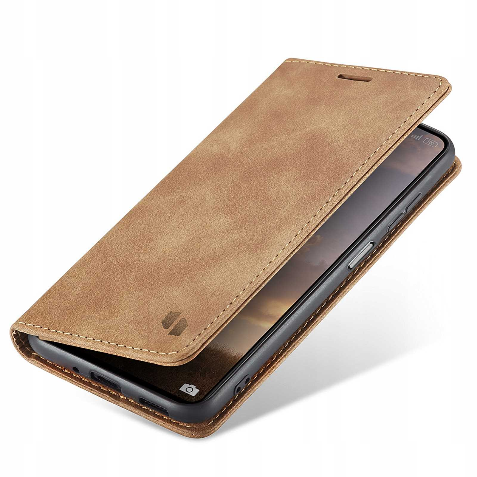Brązowe etui na telefon, otwarte, wyświetlające telefon. Ekran jest widoczny. Etui jest na białym tle.