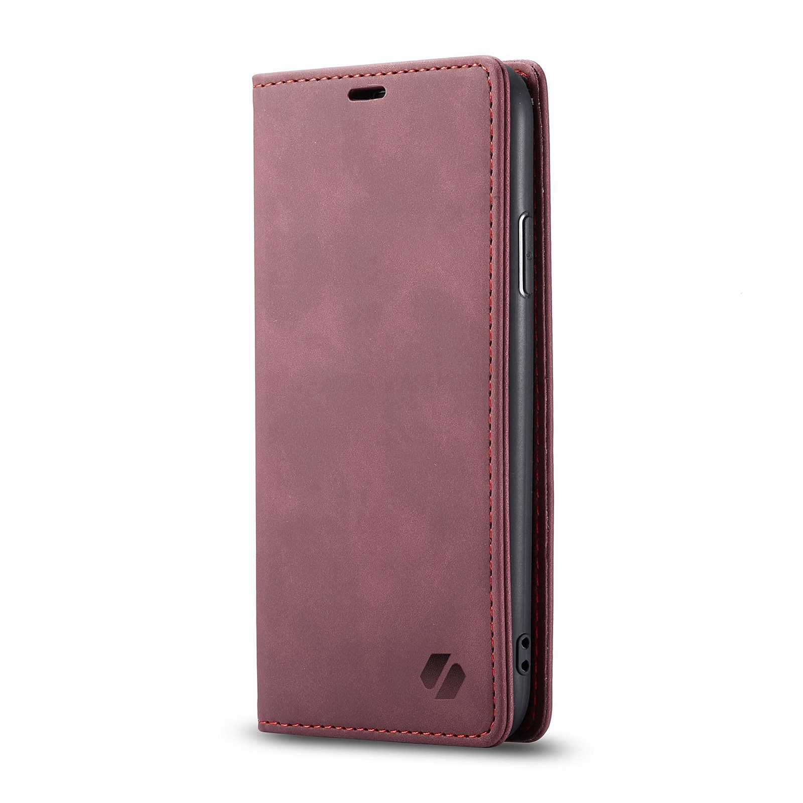 Bordowa obudowa telefonu, zamknięta. Czerwone szwy na krawędziach. Minimalistyczny design.