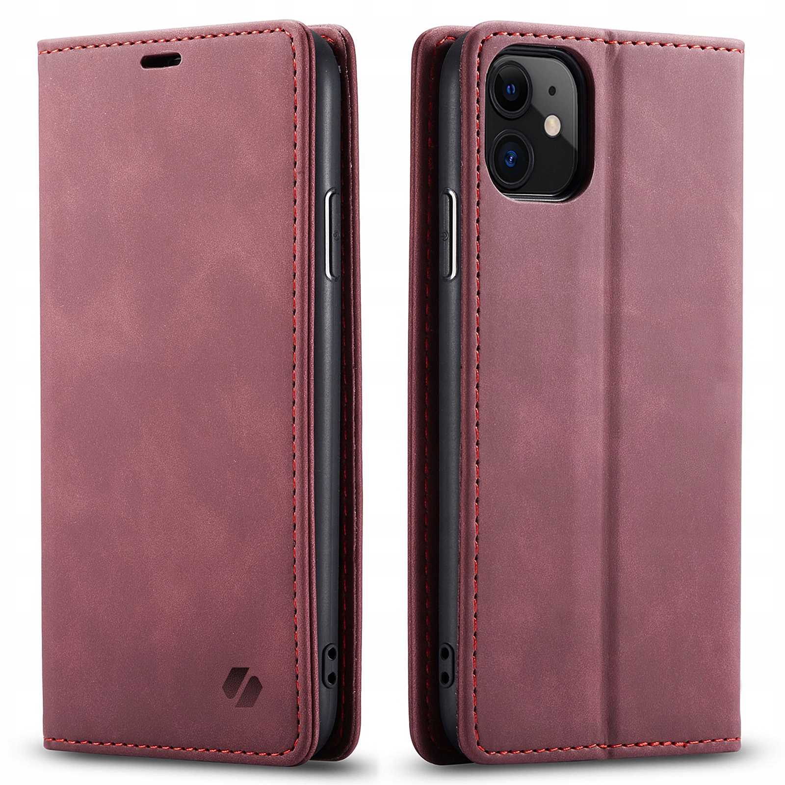 Bordowa obudowa, zamknięta i otwarta z telefonem. Czerwone szwy na krawędziach.