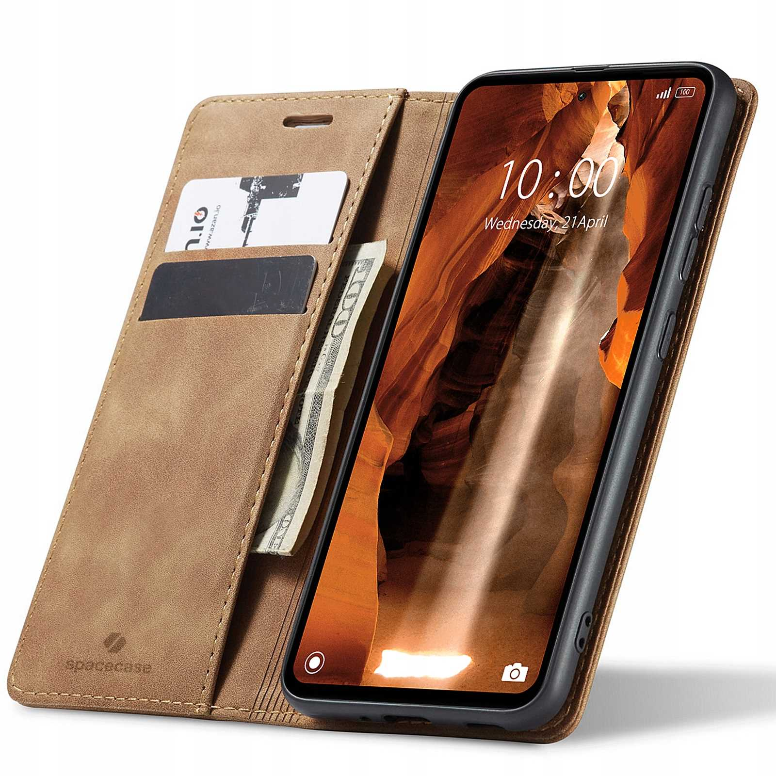 Etui na telefon z otwartym portfelem. Pokazuje karty, pieniądze i telefon z ekranem.