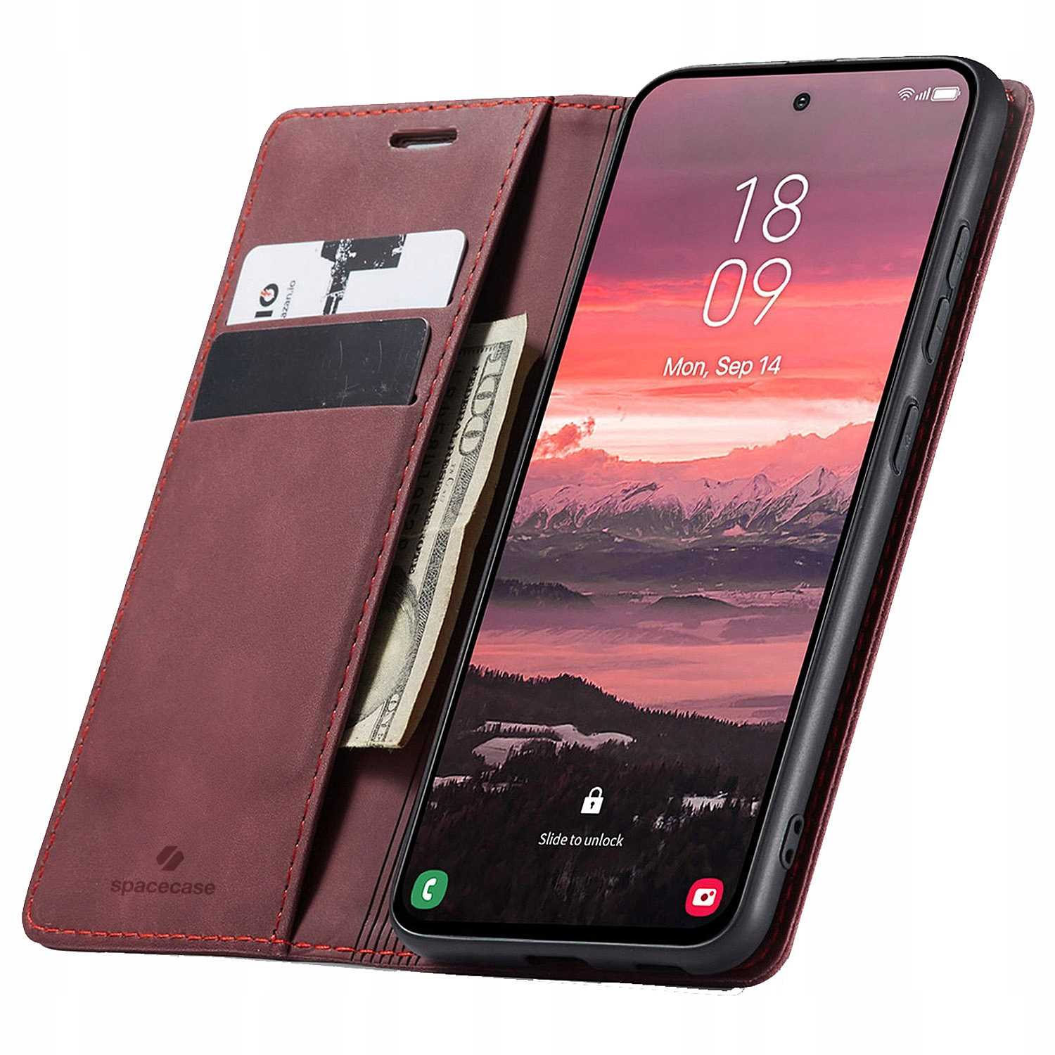 Etui otwarte z portfelem. Pokazuje karty, pieniądze i telefon z ekranem blokady. Bordowy kolor.