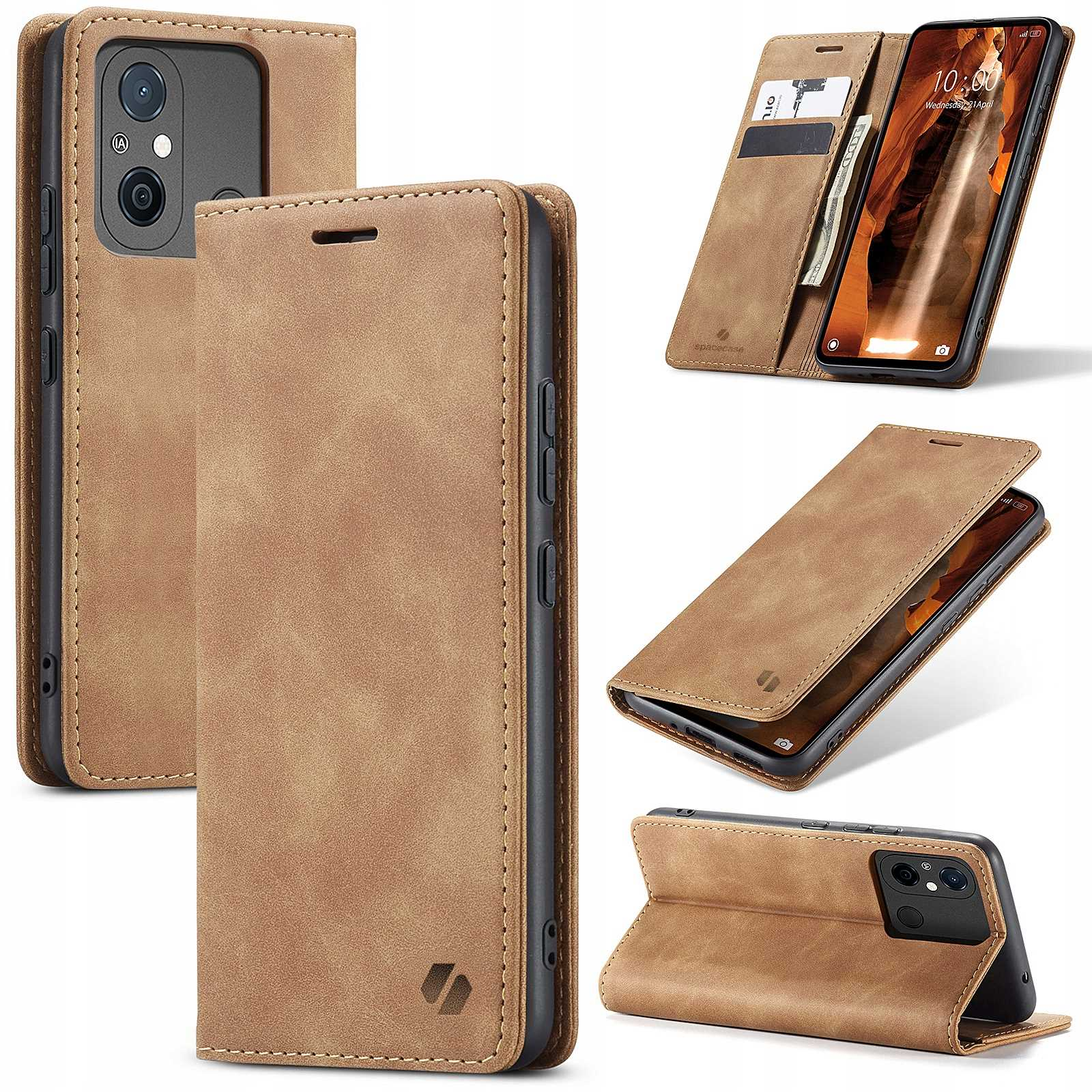 Brązowe etui na telefon otwarte z telefonem w środku. Pokazano wiele kątów.